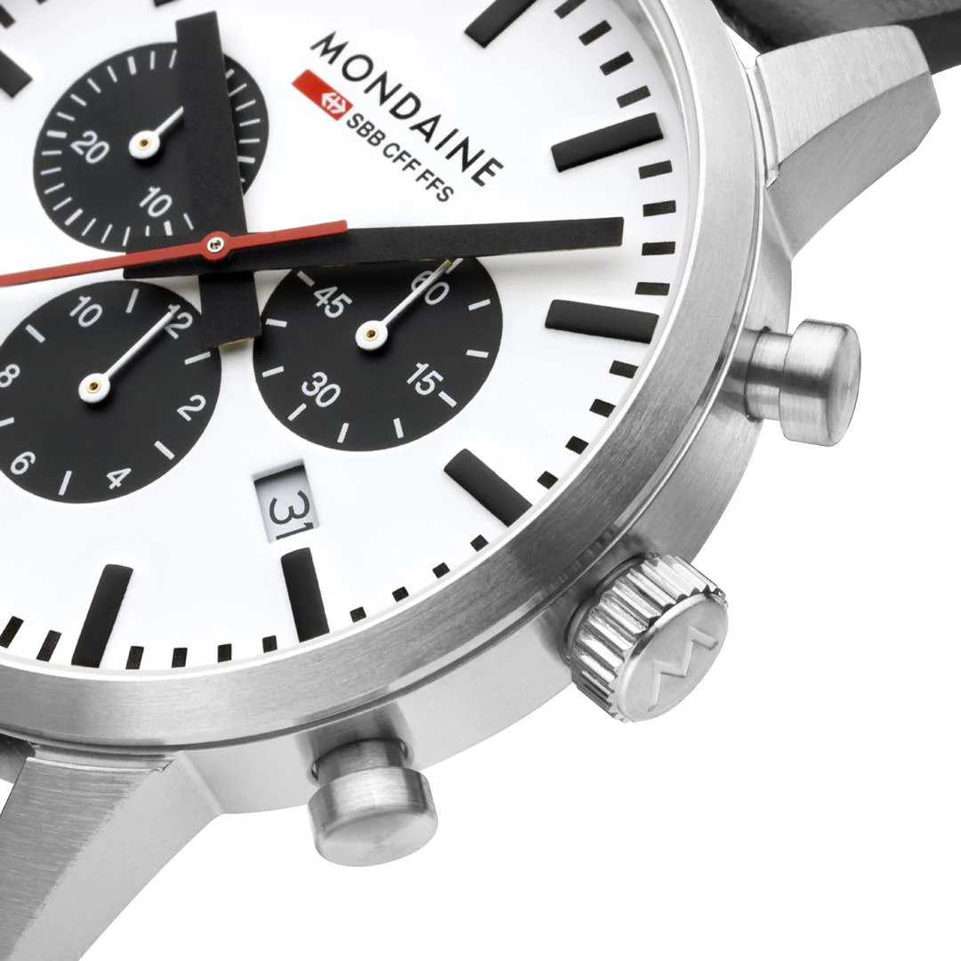 Mondaine Neo SBB Chrono White Dial Leather Strap Men's Watch MSD.41410.LBV - Image 4