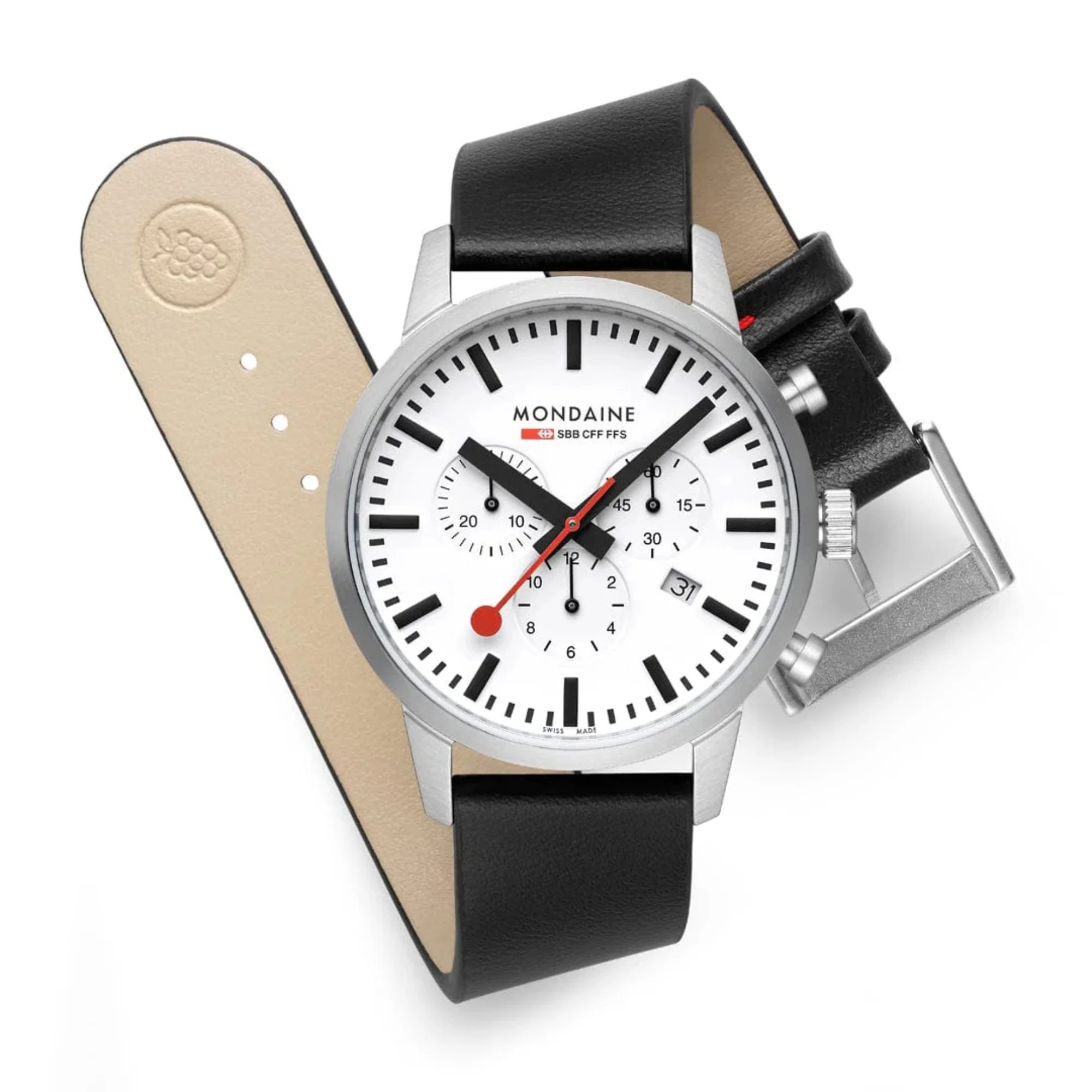 Mondaine Neo SBB Chrono White Dial Grape Leather Strap Men's Watch MSD.41411.LBV - Image 3
