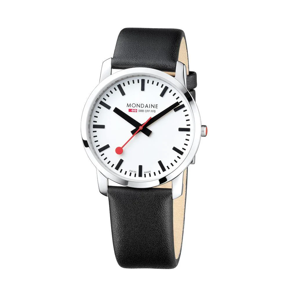 Mondaine Simply Elegant Quartz White Dial Black Leather Strap Unisex Watch A638.30350.11SBO - Image 2