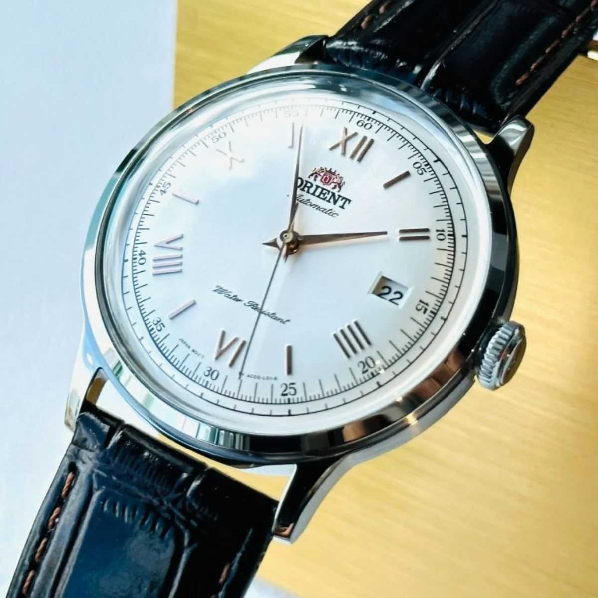 Orient Bambino Classic Vintage Style Version 2 Automatic White Dial Leather Strap Men’s Dress Watch TAC00008W0 - Image 8