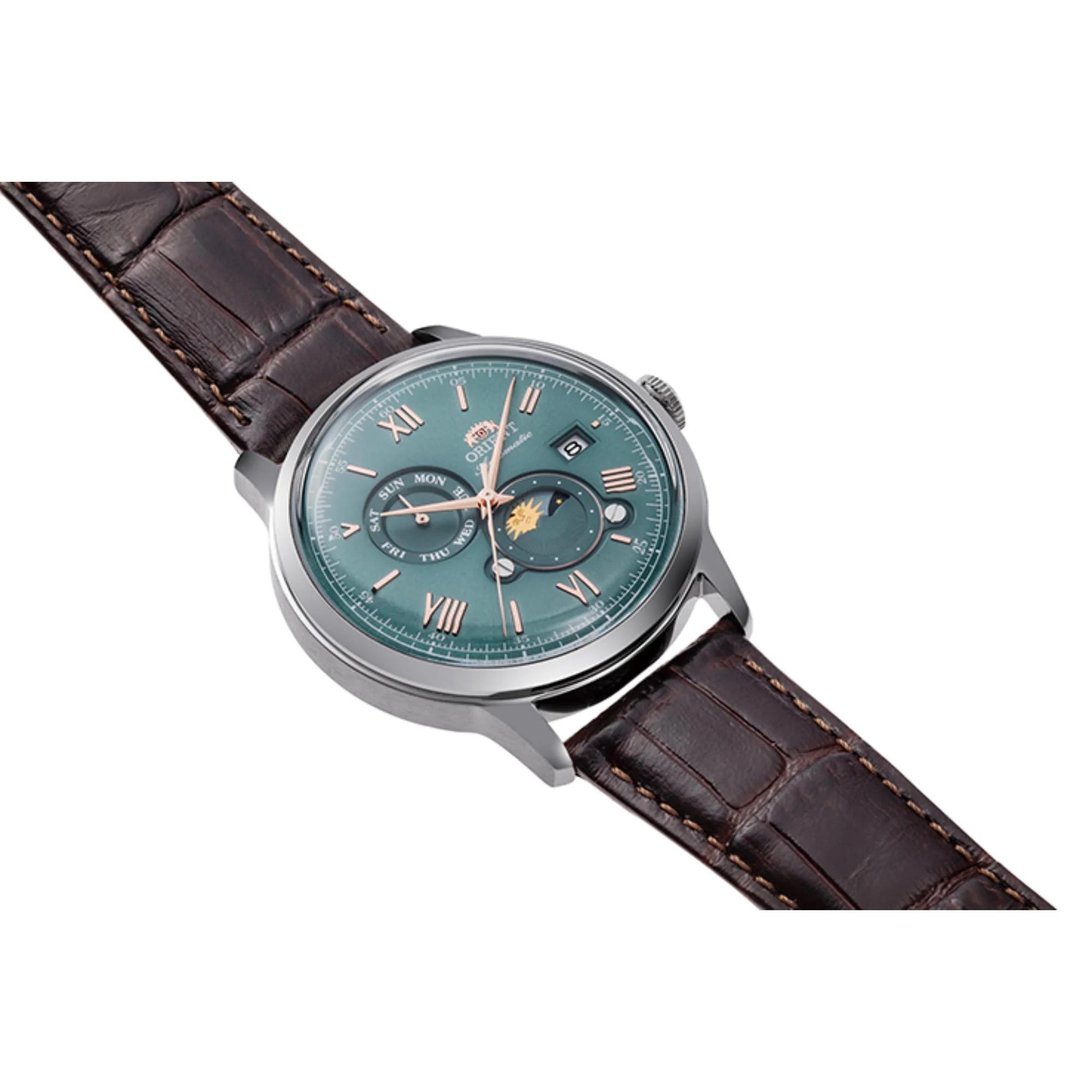 Orient Bambino Sun & Moon Green Dial Leather Strap Men's Watch RA-AK0805E30B - Image 4