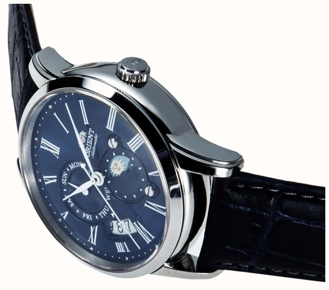 Orient Bambino Sun & Moon Mechanical Blue Dial Blue Leather Strap Men's Watch RA-AK0011D10B - Image 2