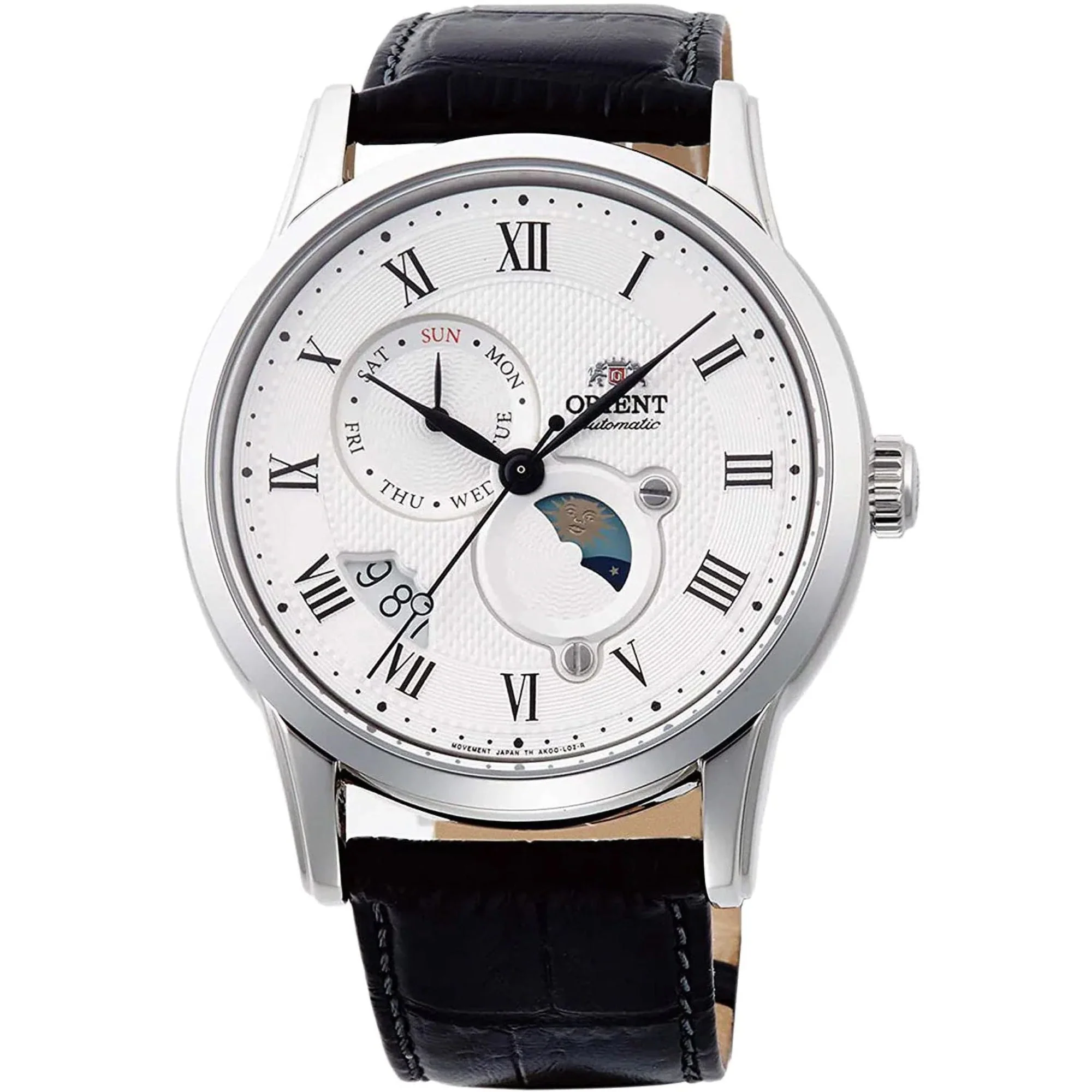 Orient Bambino Sun & Moon Mechanical White Dial Black Leather Strap Men’s Watch RA-AK0008S10B - Image 6