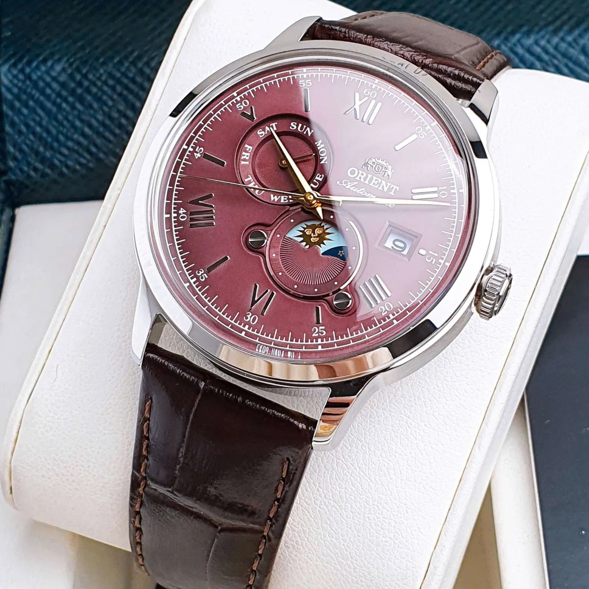 Orient Bambino Sun & Moon Red Dial Leather Strap Men's Dress Watch RA-AK0807R30B - Image 3