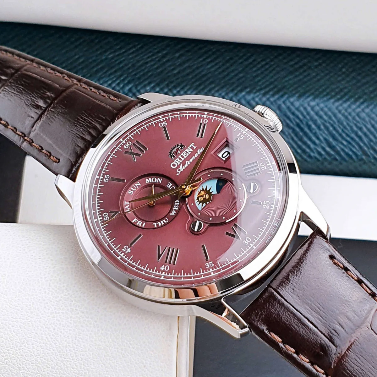 Orient Bambino Sun & Moon Red Dial Leather Strap Men's Dress Watch RA-AK0807R30B - Image 8