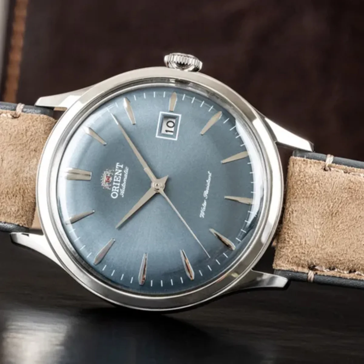 Orient Bambino Classic Vintage Style Automatic Blue Dial Suede Strap Men’s Dress Watch RA-AC0P03L30B - Image 4