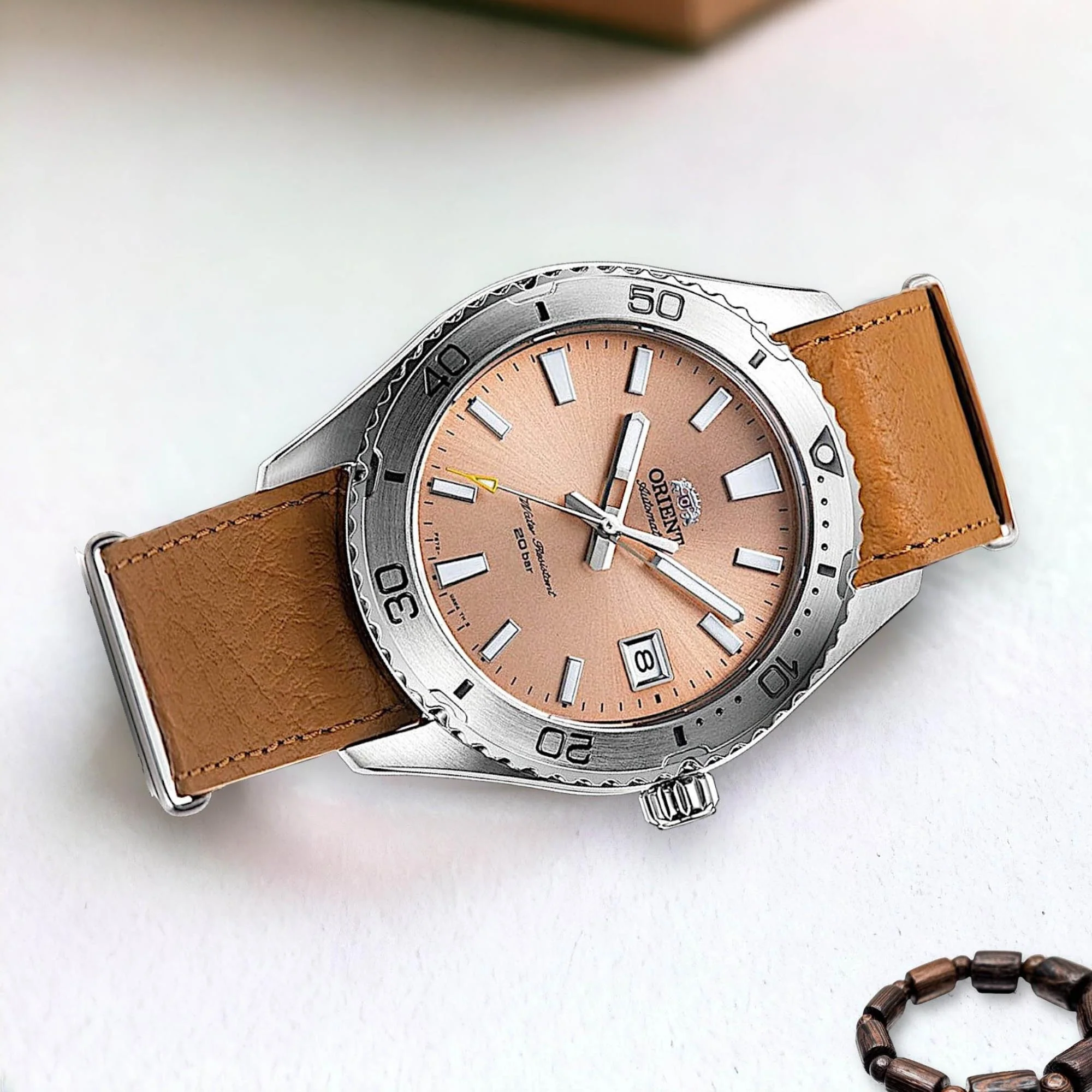 Orient Mako Automatic Apricot Dial Leather Strap Unisex Dive Watch RA-AC0Q05P30B - Image 18