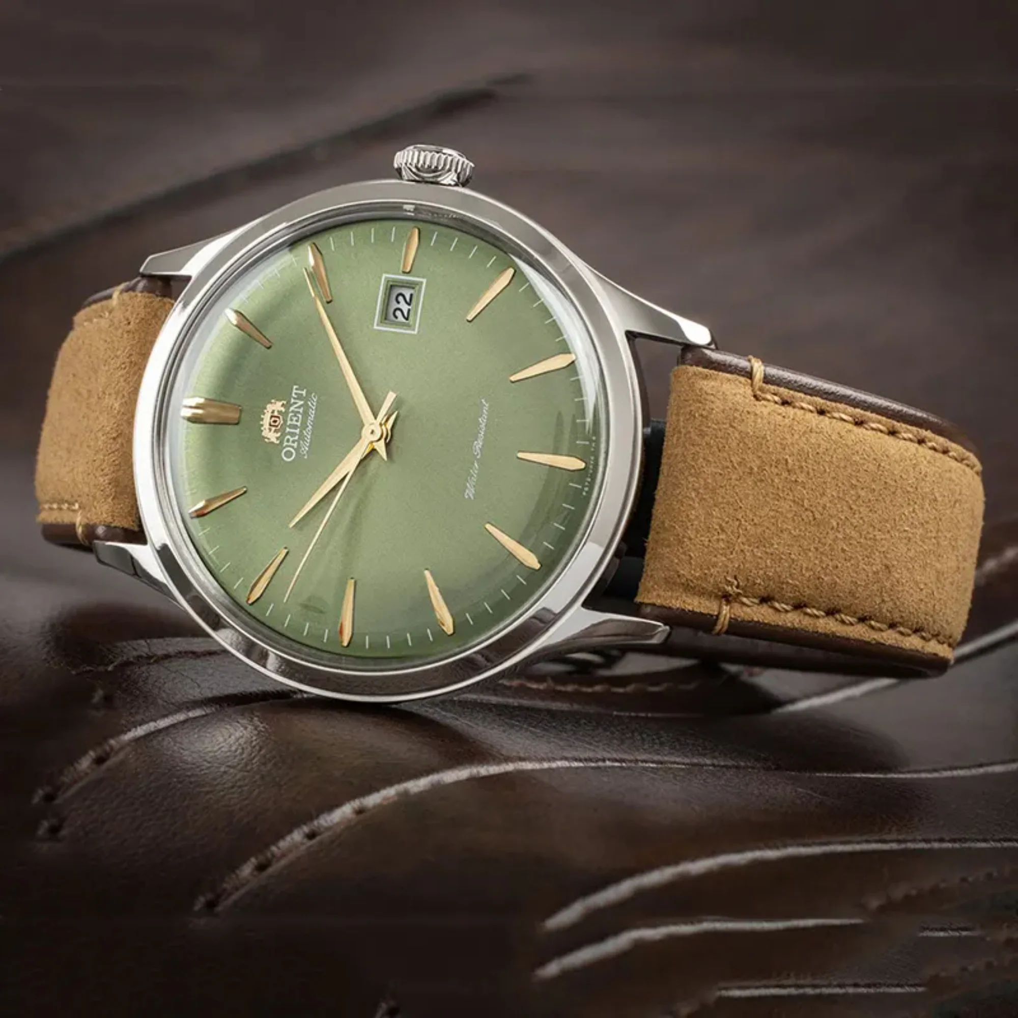 Orient Bambino Classic Vintage Style Automatic Green Dial Suede Strap Men's Dress Watch RA-AC0P01E30B - Image 4