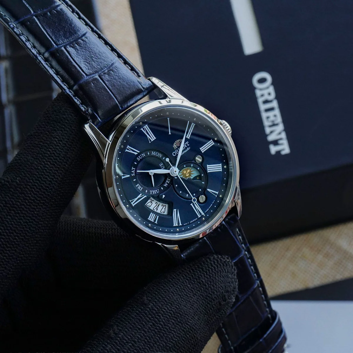 Orient Classic Sun and Moon Automatic Blue Dial Leather Strap Men's Watch RA-AK0011D30B - Image 14