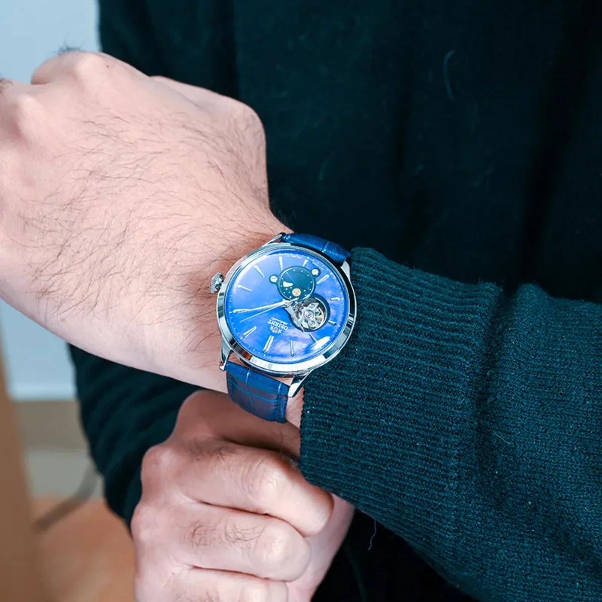 Orient Sun & Moon Phase Automatic Blue Dial Leather Strap Men’s Dress Watch RA-AS0103A30B - Image 2