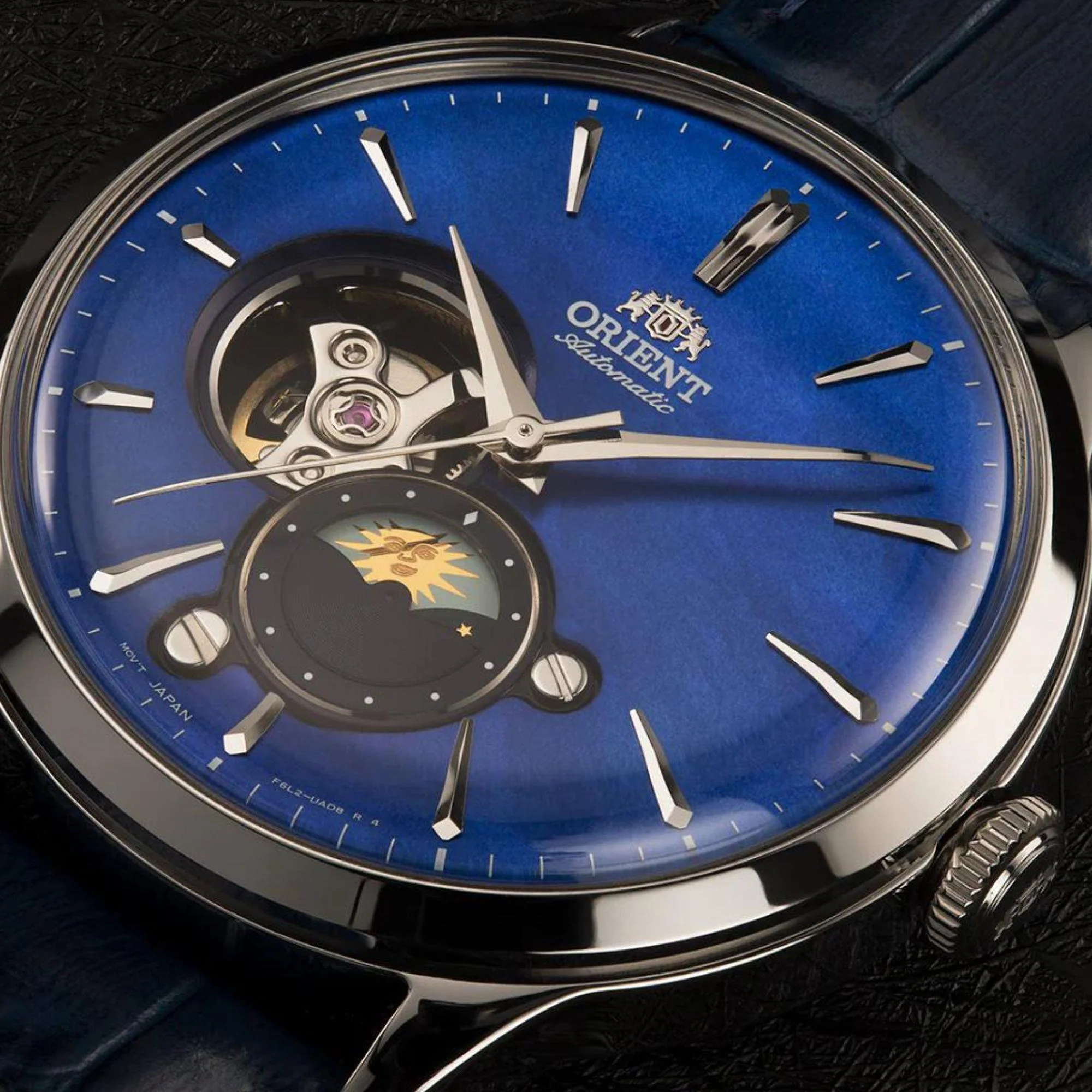 Orient Sun & Moon Phase Automatic Blue Dial Leather Strap Men’s Dress Watch RA-AS0103A30B - Image 3