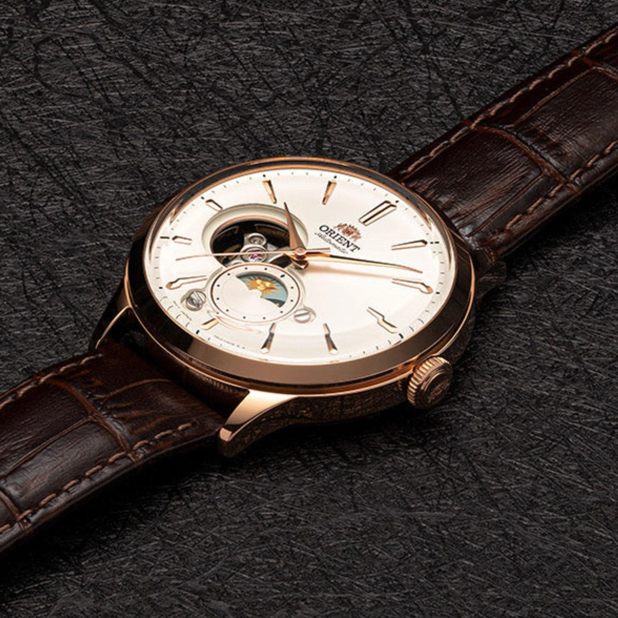 Orient Sun & Moon Phase Automatic White Dial Leather Strap Men’s Watch RA-AS0102S10B - Image 5