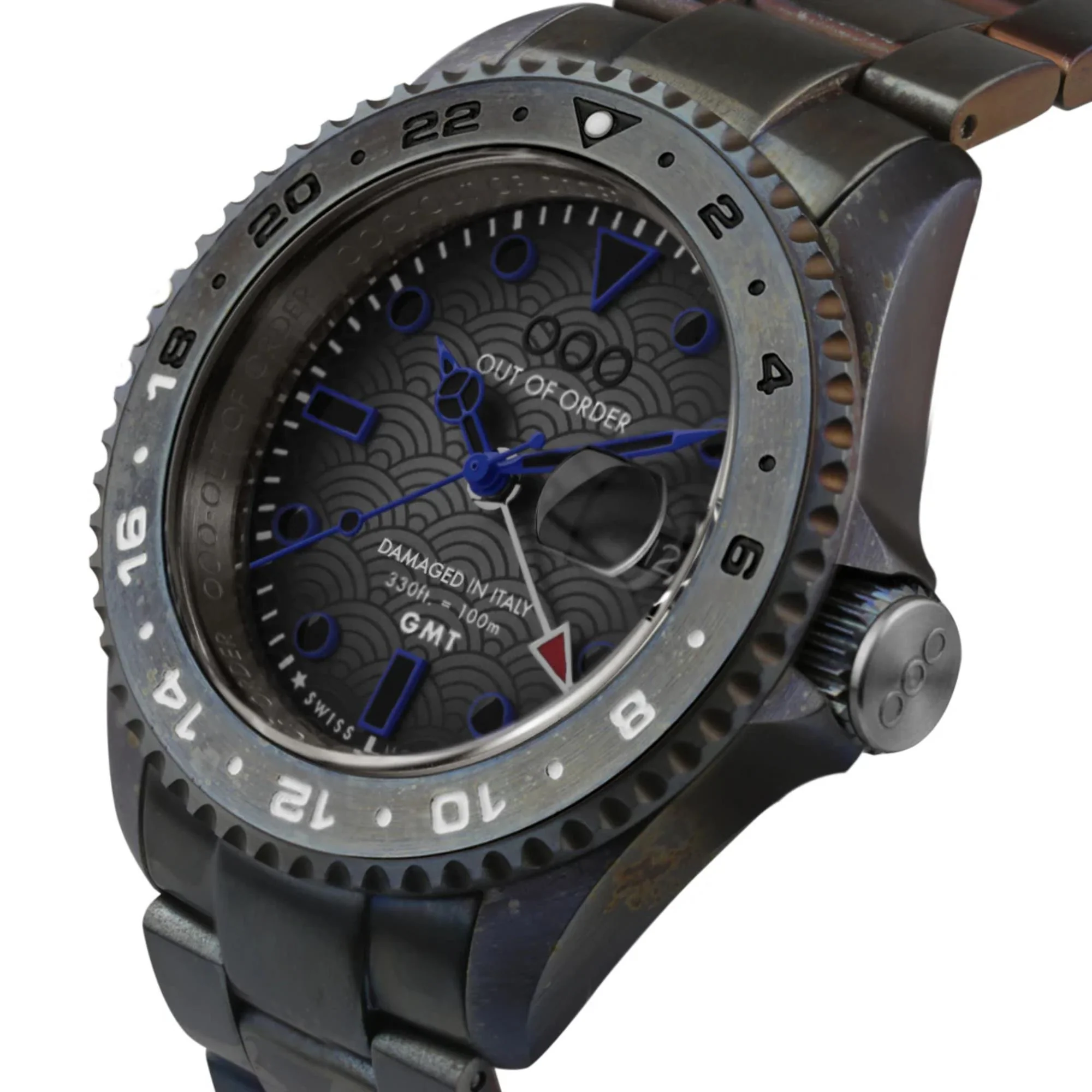 Out of Order GMT Tokyo Shibuya Swiss Made Ultra Distressed Dark Grey Dial Steel Strap Men's Watch OOO.001-19.TS - Image 5
