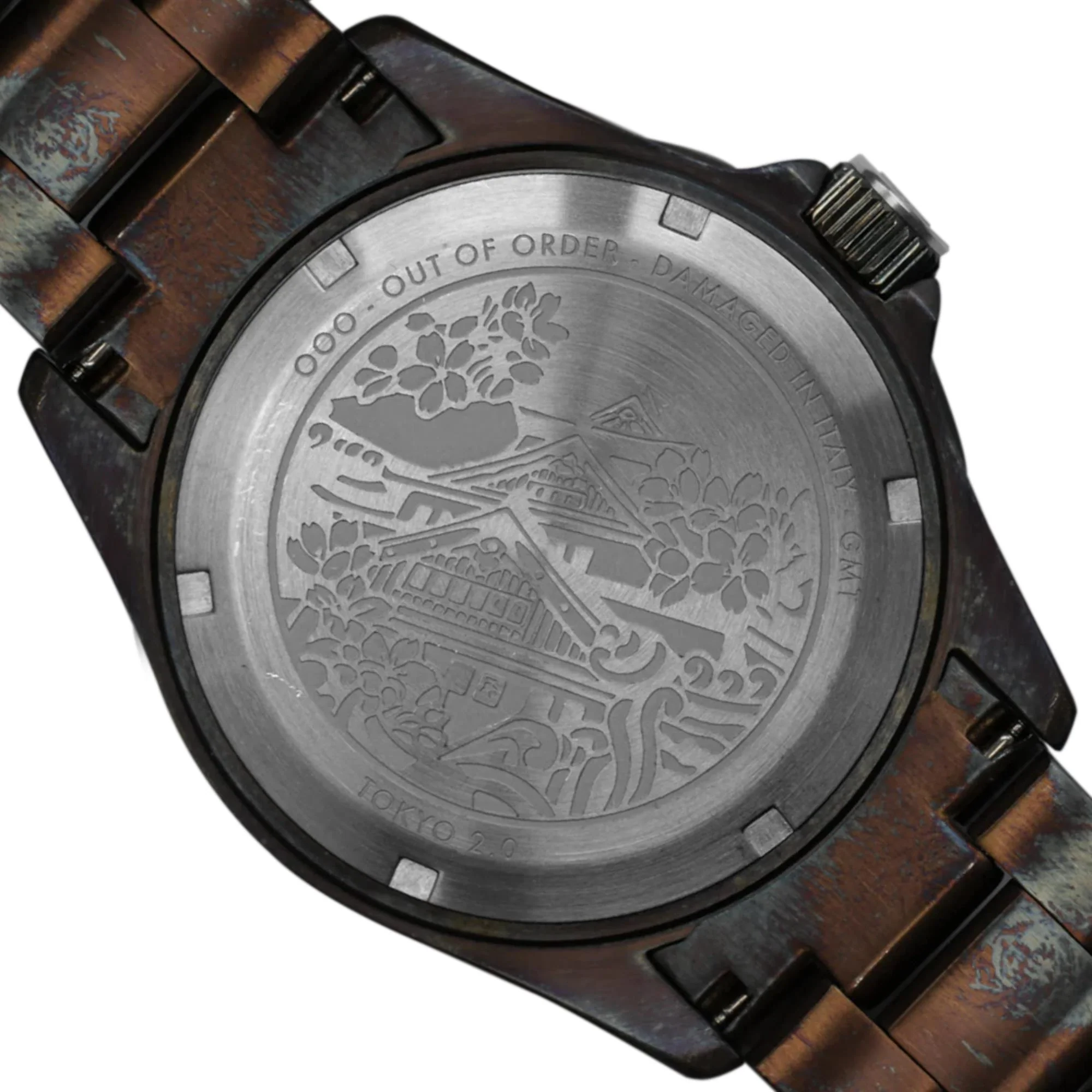 Out of Order GMT Tokyo Shibuya Swiss Made Ultra Distressed Dark Grey Dial Steel Strap Men's Watch OOO.001-19.TS - Image 7