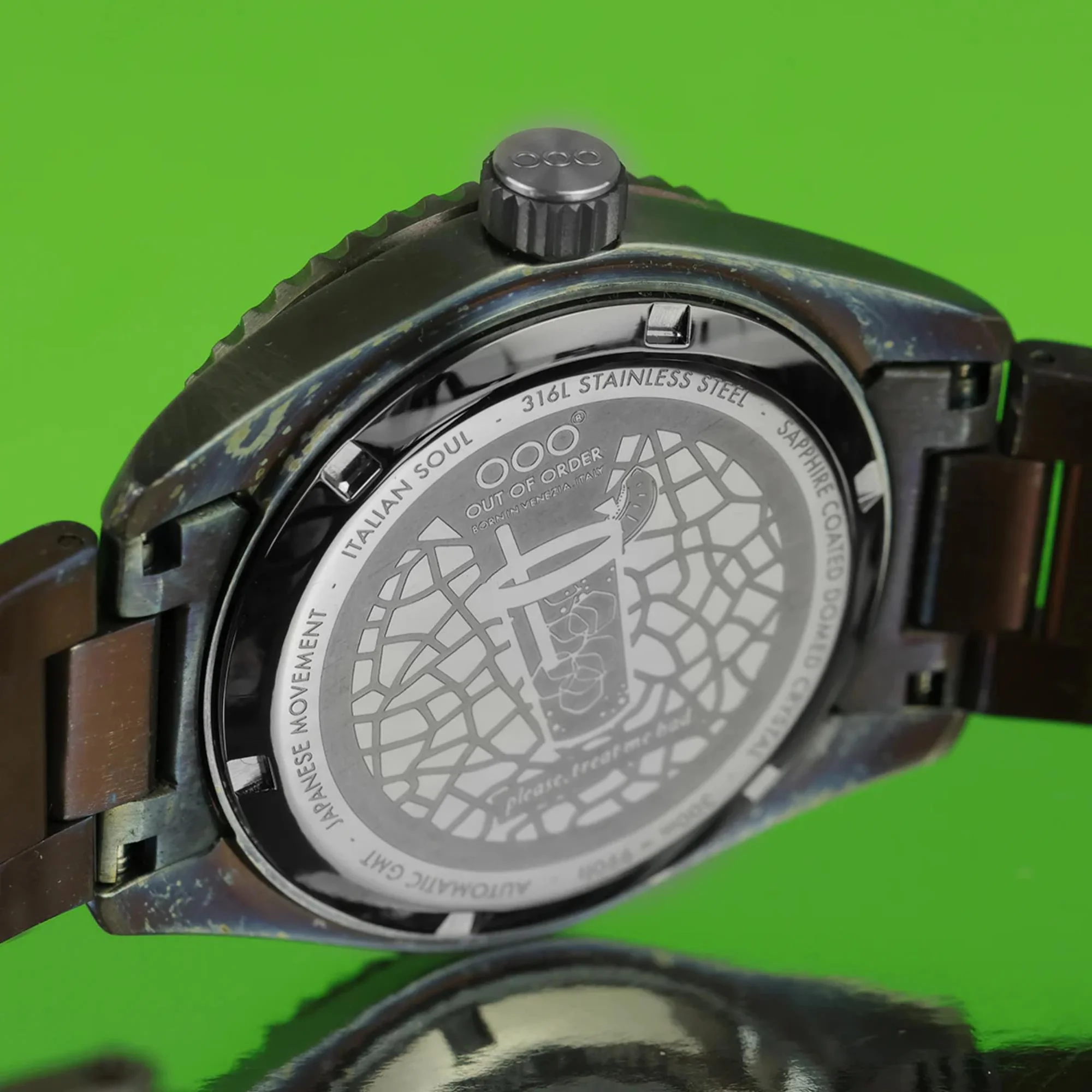 Out Of Order Midori Shaker Automatic GMT Ultra Distressed Green Dial Steel Strap Men's Watch OOO.001-25.MI.BAND - Image 9