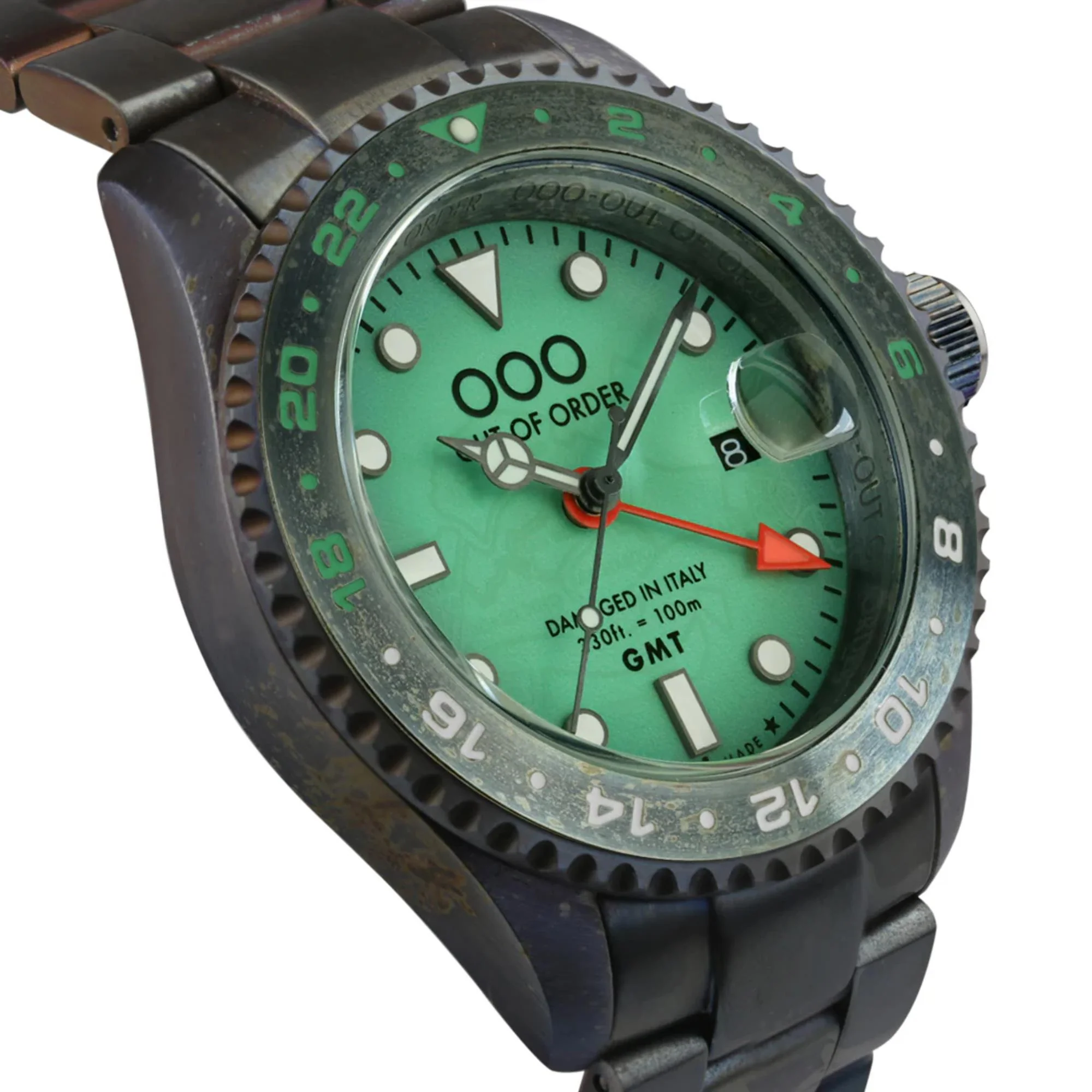 Out of Order Swiss Made GMT Venezia Ultra Distressed Green Dial Steel Strap Men's Watch OOO.001-19.VE - Image 10