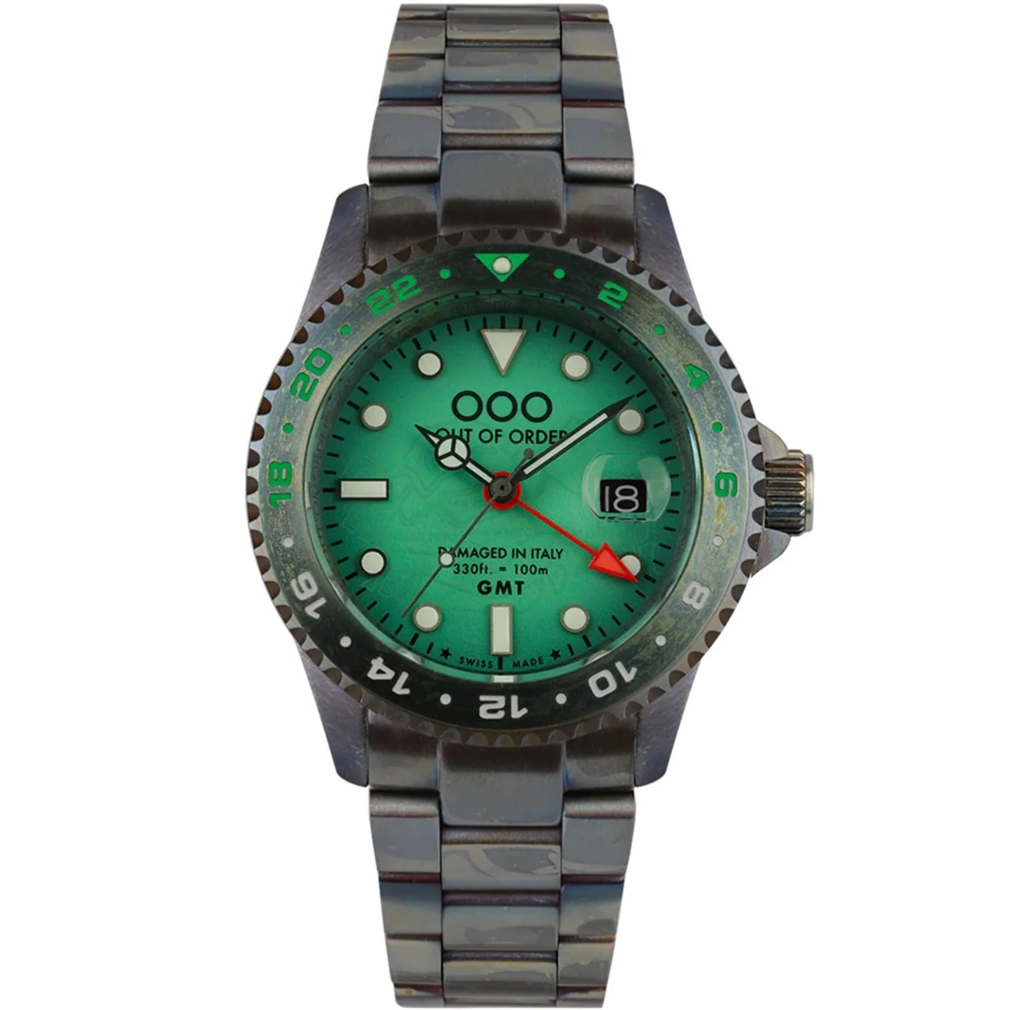 Out of Order Swiss Made GMT Venezia Ultra Distressed Green Dial Steel Strap Men's Watch OOO.001-19.VE - Image 7
