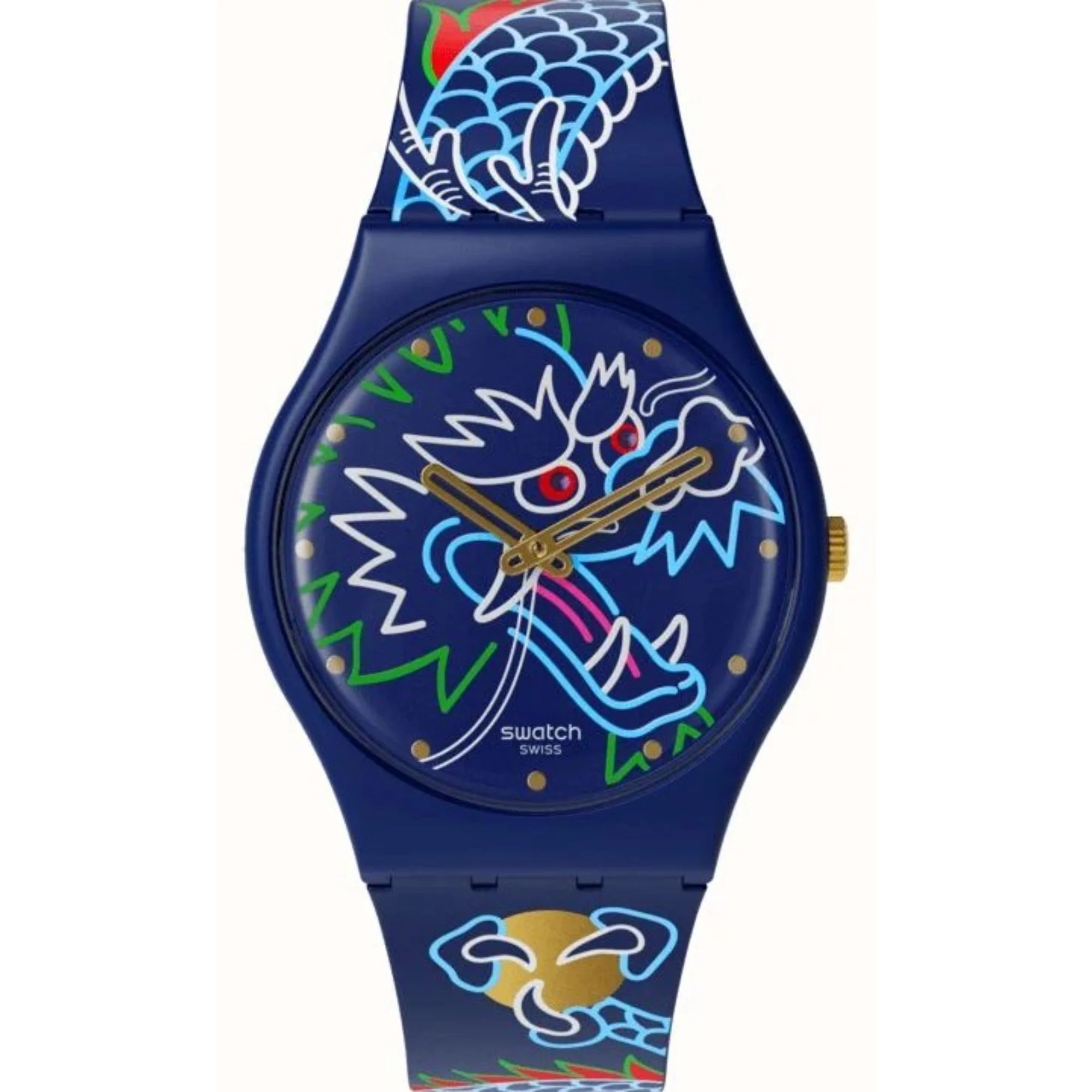 Swatch Dragon In Waves Quartz Blue Dial Silicone Strap Unisex Watch SO28Z125 - Image 4