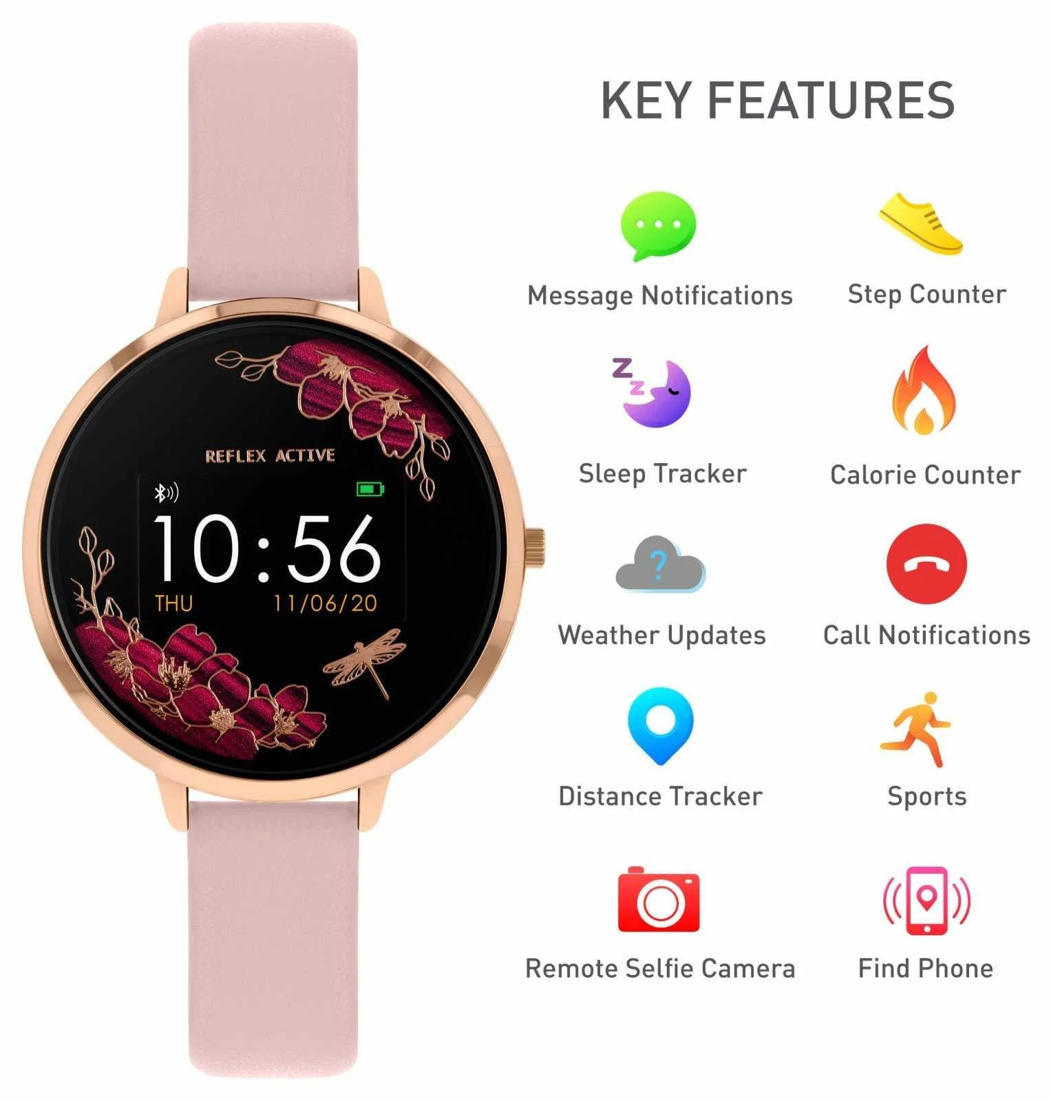Reflex Active Series 3 Quartz Digital Dial Pink Faux Leather Strap Ladies Smart Watch RA03-2038 - Image 4