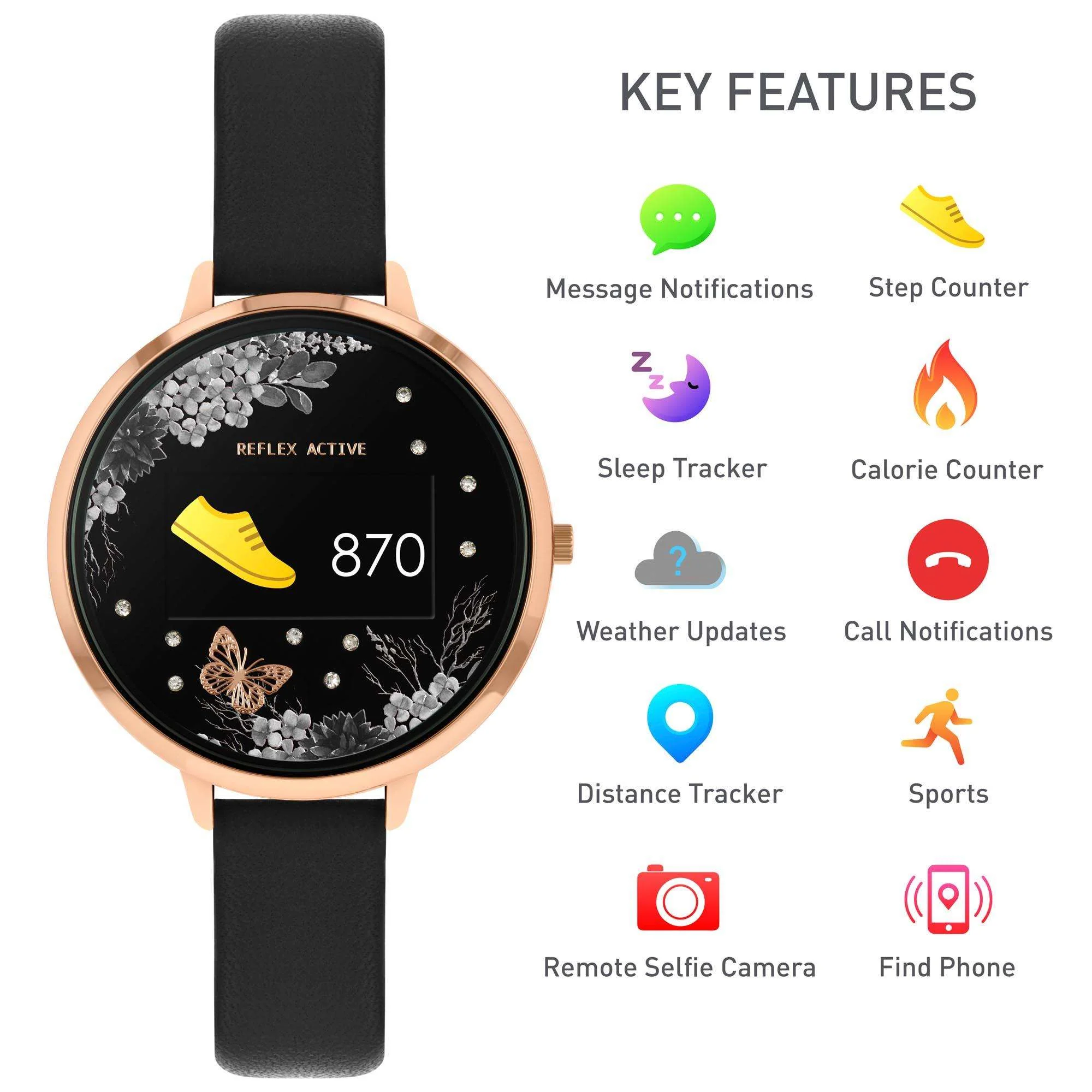 Reflex Active Series 03 Quartz Black Floral Dial Black Leatherette Strap Ladies Smartwatch RA03-2076 - Image 2