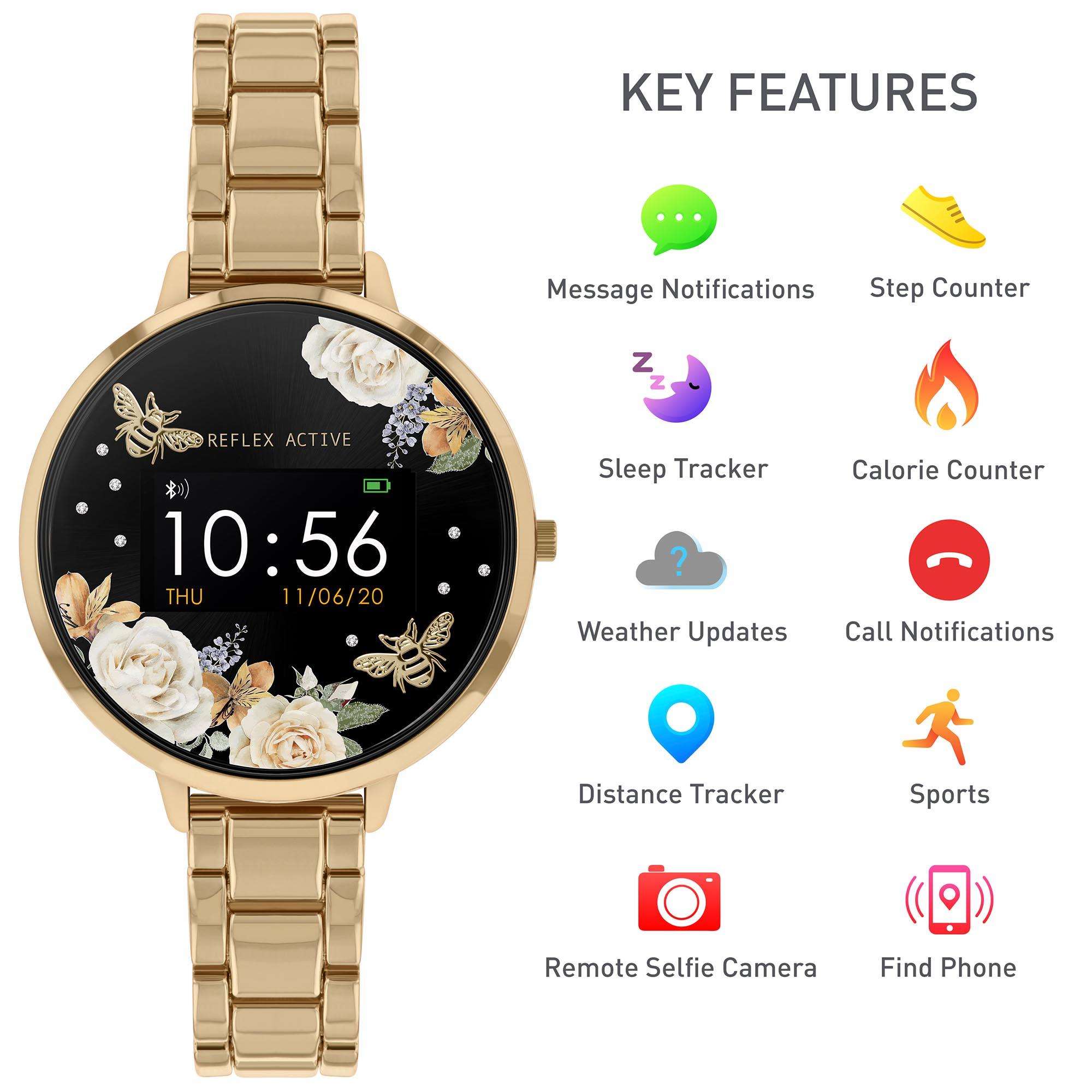 Reflex Active Series 03 Quartz Black Floral Gold PVD Stainless Steel Bracelet Ladies Smartwatch RA03-4008 - Image 2
