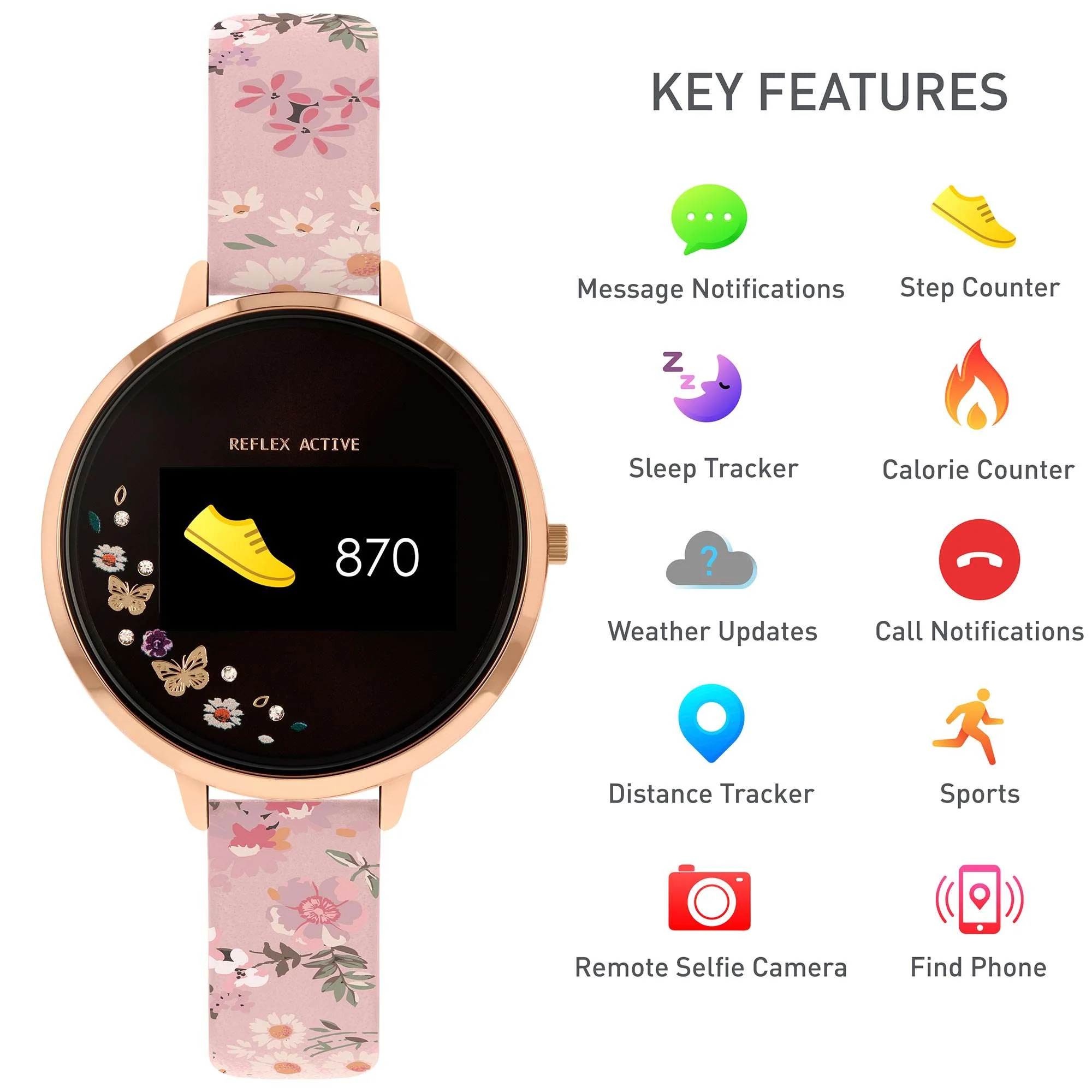 Reflex Active Bluetooth Black Dial Pink Floral Strap Rose Gold Bracelet Ladies Smartwatch RA03-2058 - Image 2