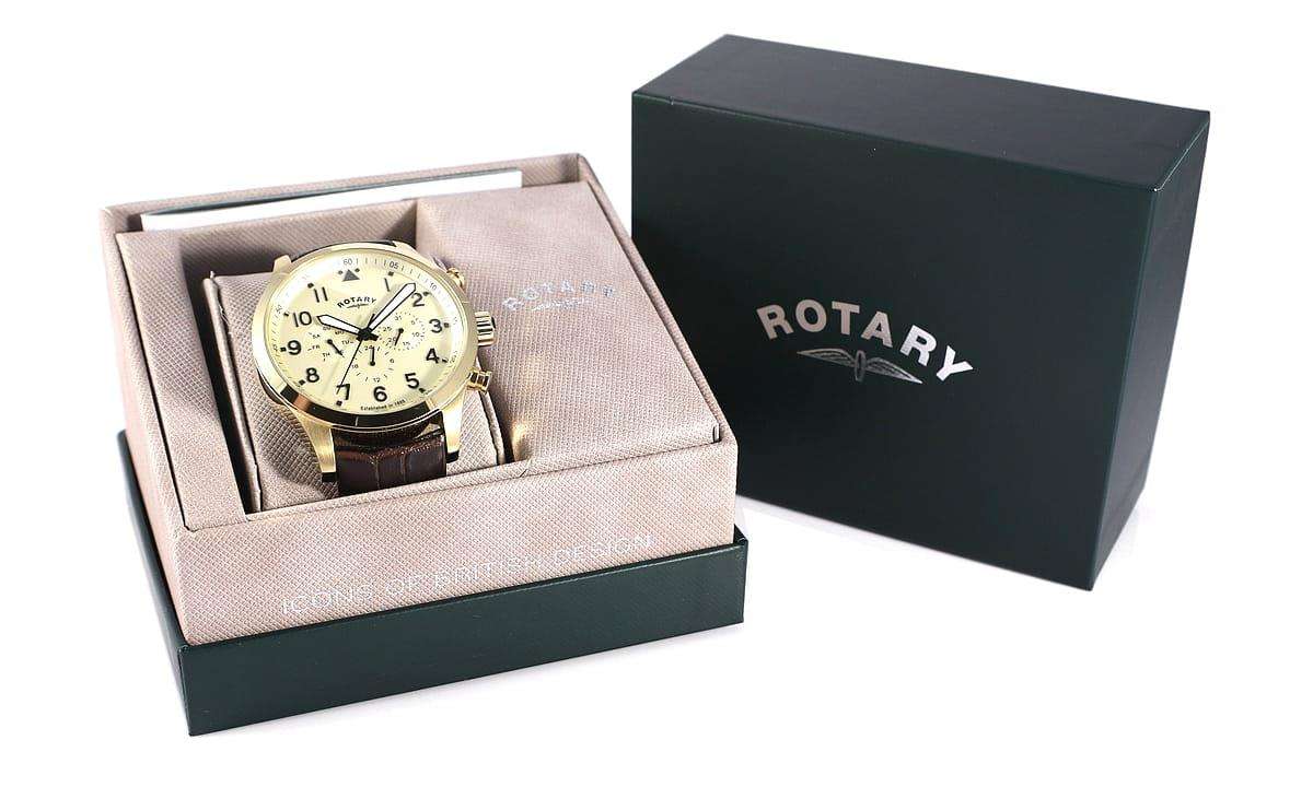 Rotary Gold Coloured Stainless Steel Case Brown Leather Strap Men's Watch GS00419/31 48mm - Image 2