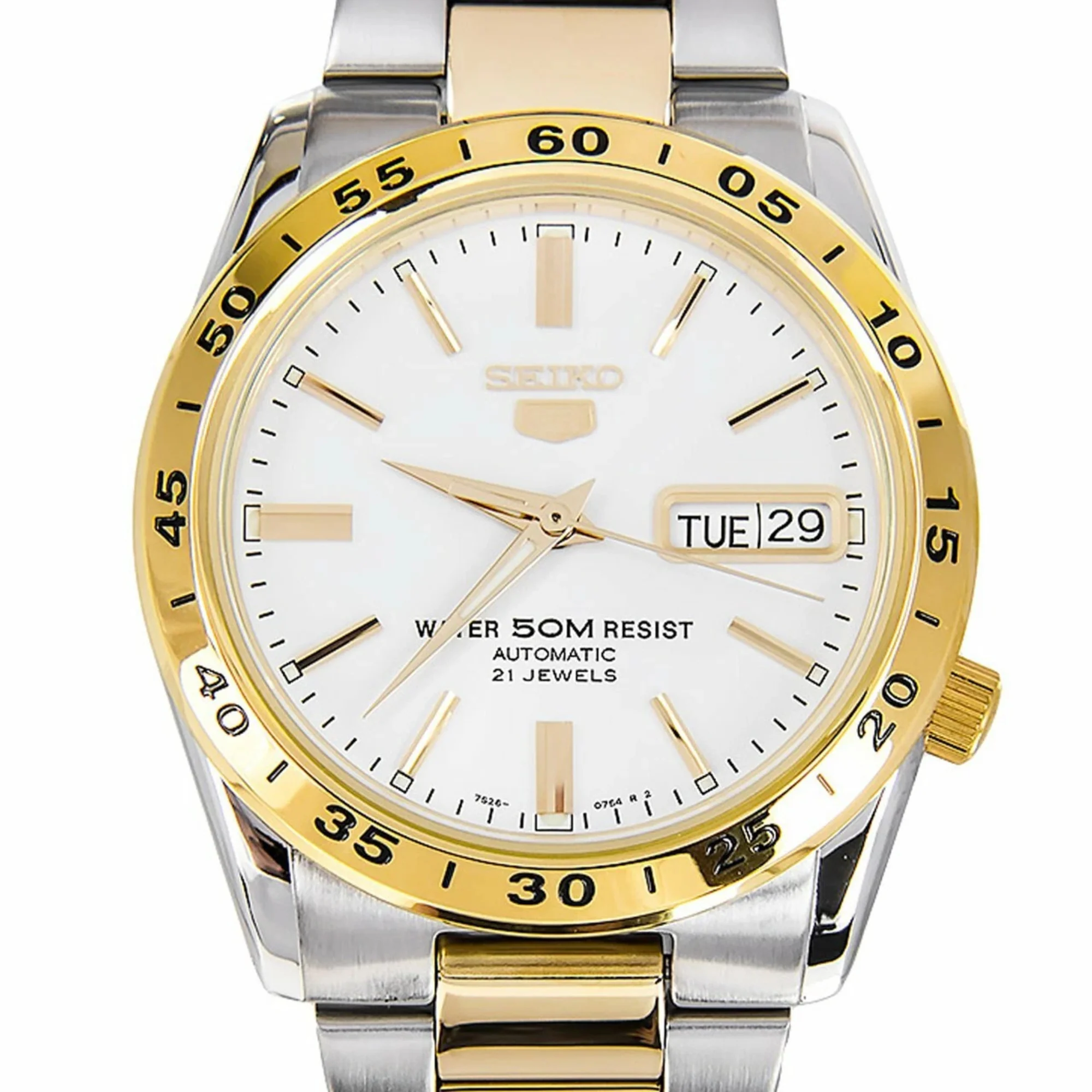 Seiko 5 Automatic White Dial Two Tone Gold/Silver Stainless Steel Men's Watch SNKE04K1 - Image 3