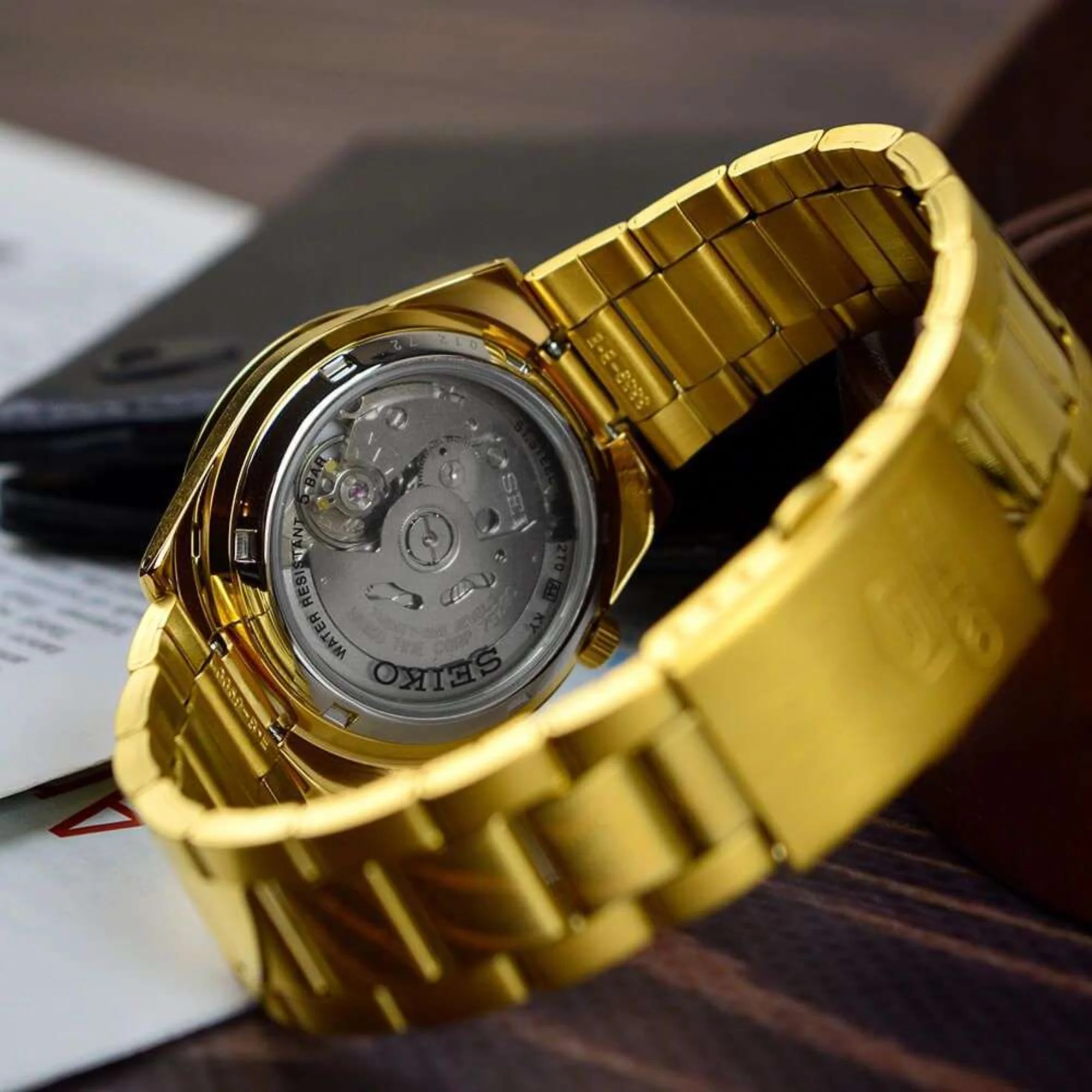 Seiko 5 Automatic Gold Dial Gold PVD Stainless Steel Bracelet Men's Watch SNKE06K1 - Image 5