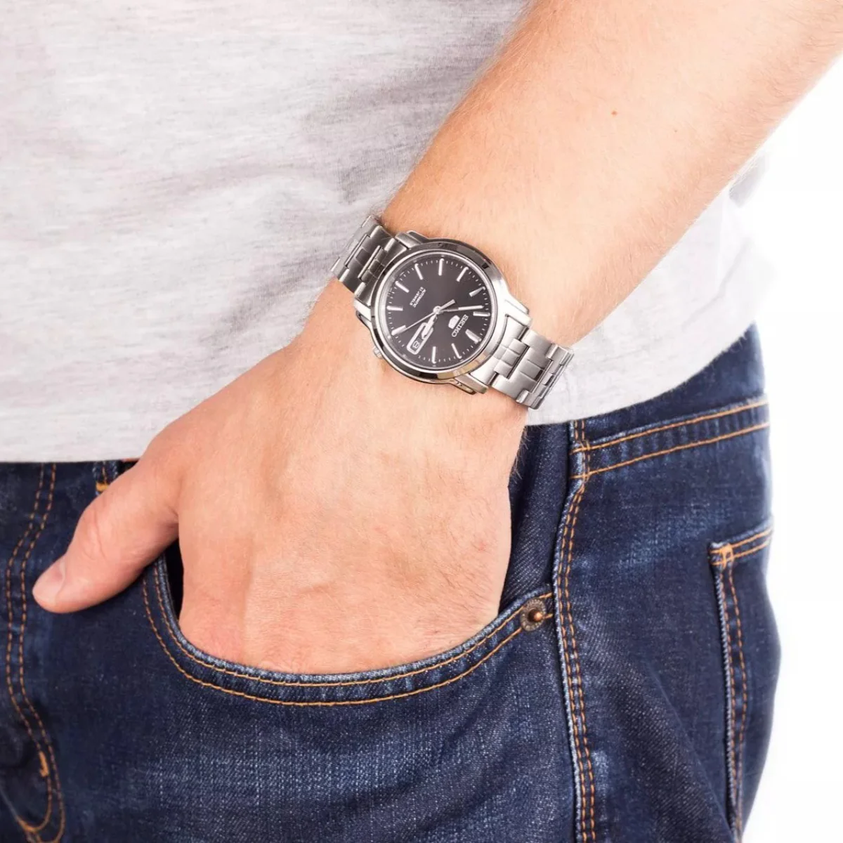 Seiko 5 Automatic Black Dial Steel Strap Men's Watch SNKK71K1 - Image 2