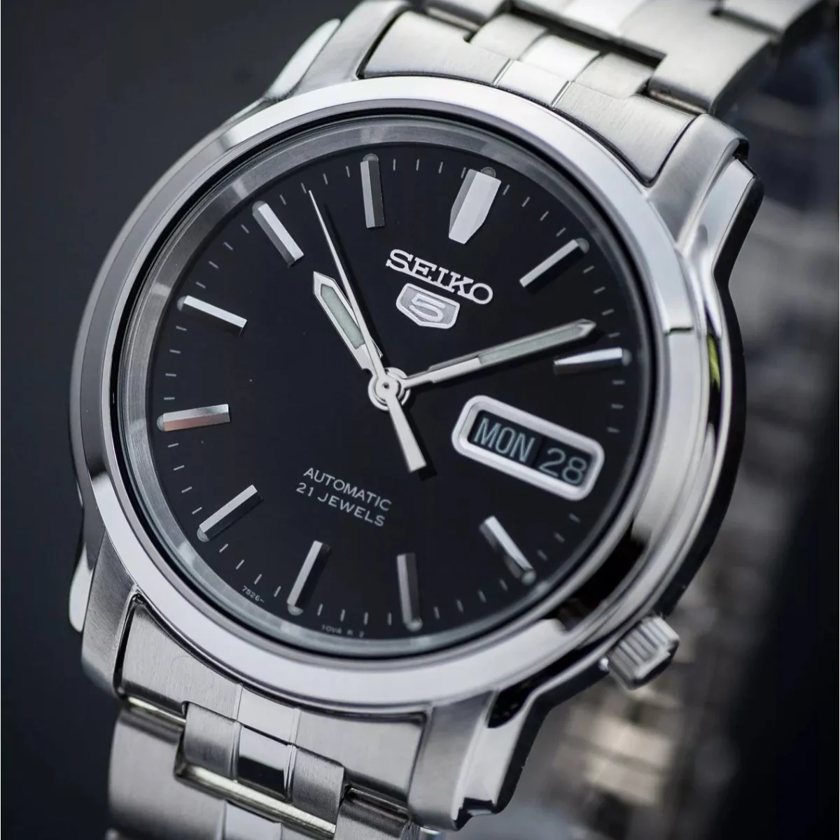 Seiko 5 Automatic Black Dial Steel Strap Men's Watch SNKK71K1 - Image 3