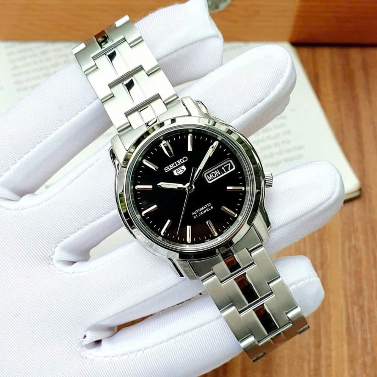 Seiko 5 Automatic Black Dial Steel Strap Men's Watch SNKK71K1 - Image 5