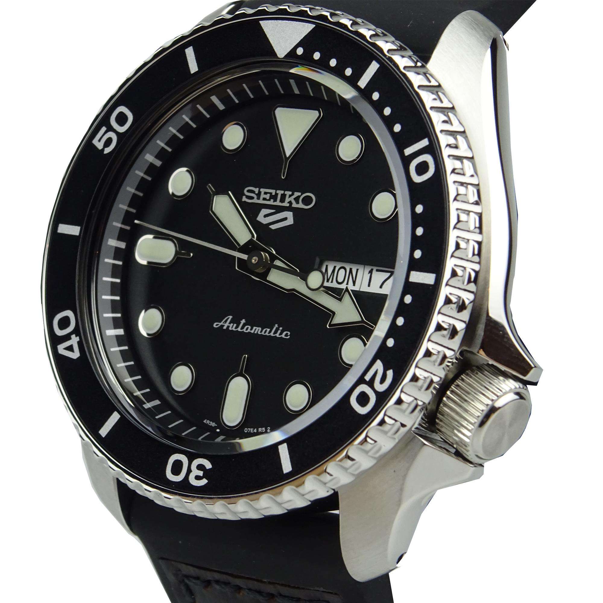 Seiko 5 Sports Genuine Brown Leather & Black Silicone Strap Automatic Black Dial Men's Watch SRPD55K2 - Image 5