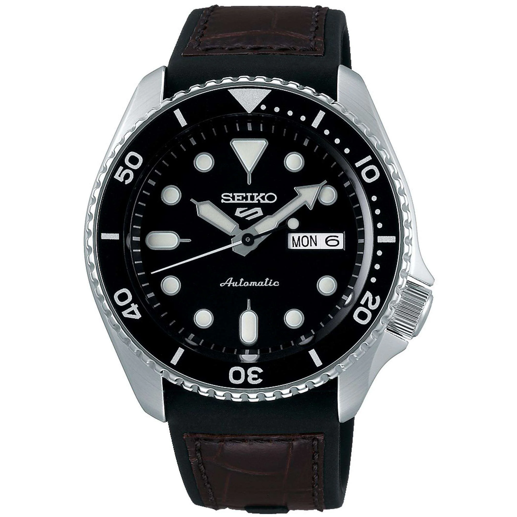 Seiko 5 Sports Genuine Brown Leather & Black Silicone Strap Automatic Black Dial Men's Watch SRPD55K2 - Image 9