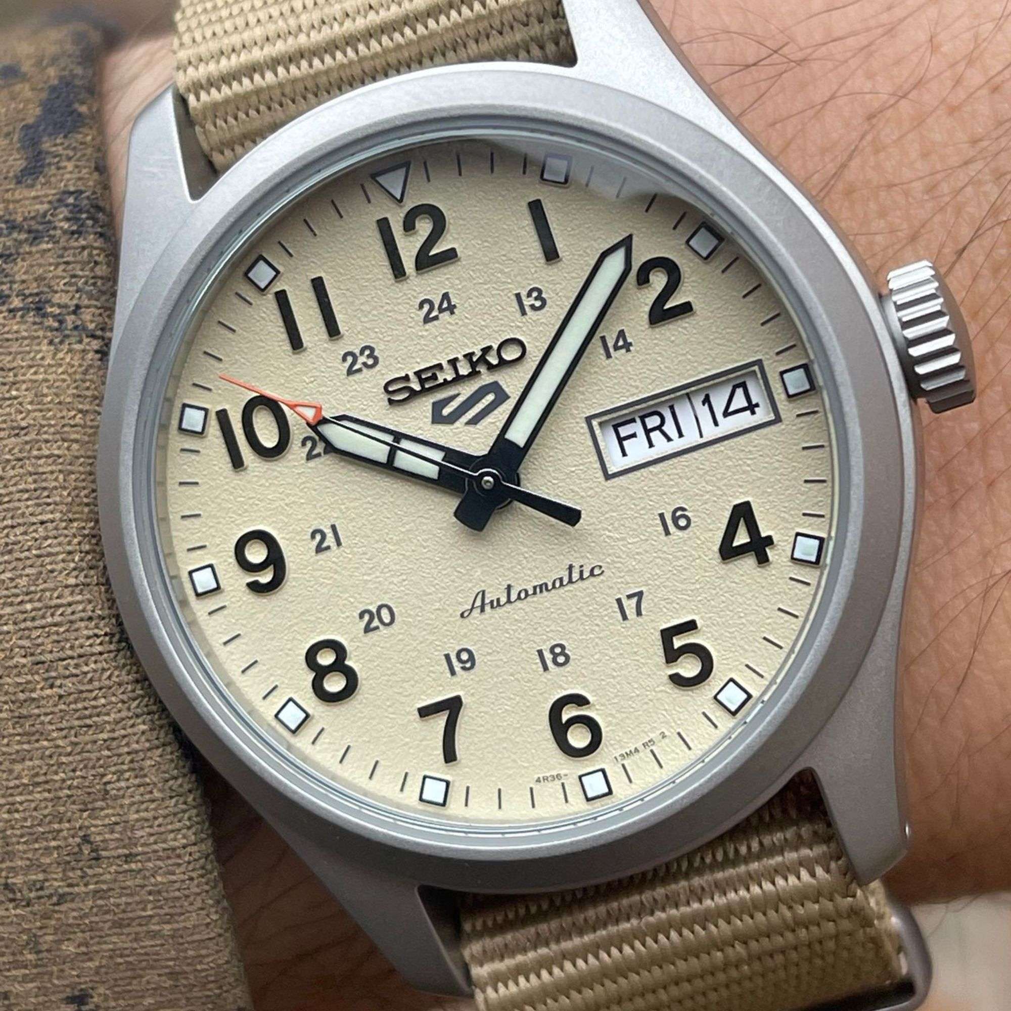 Seiko 5 Sports 'Desert Kit' Midfield Automatic Beige Dial Beige Nylon Strap Men's Watch SRPJ83K1 - Image 5