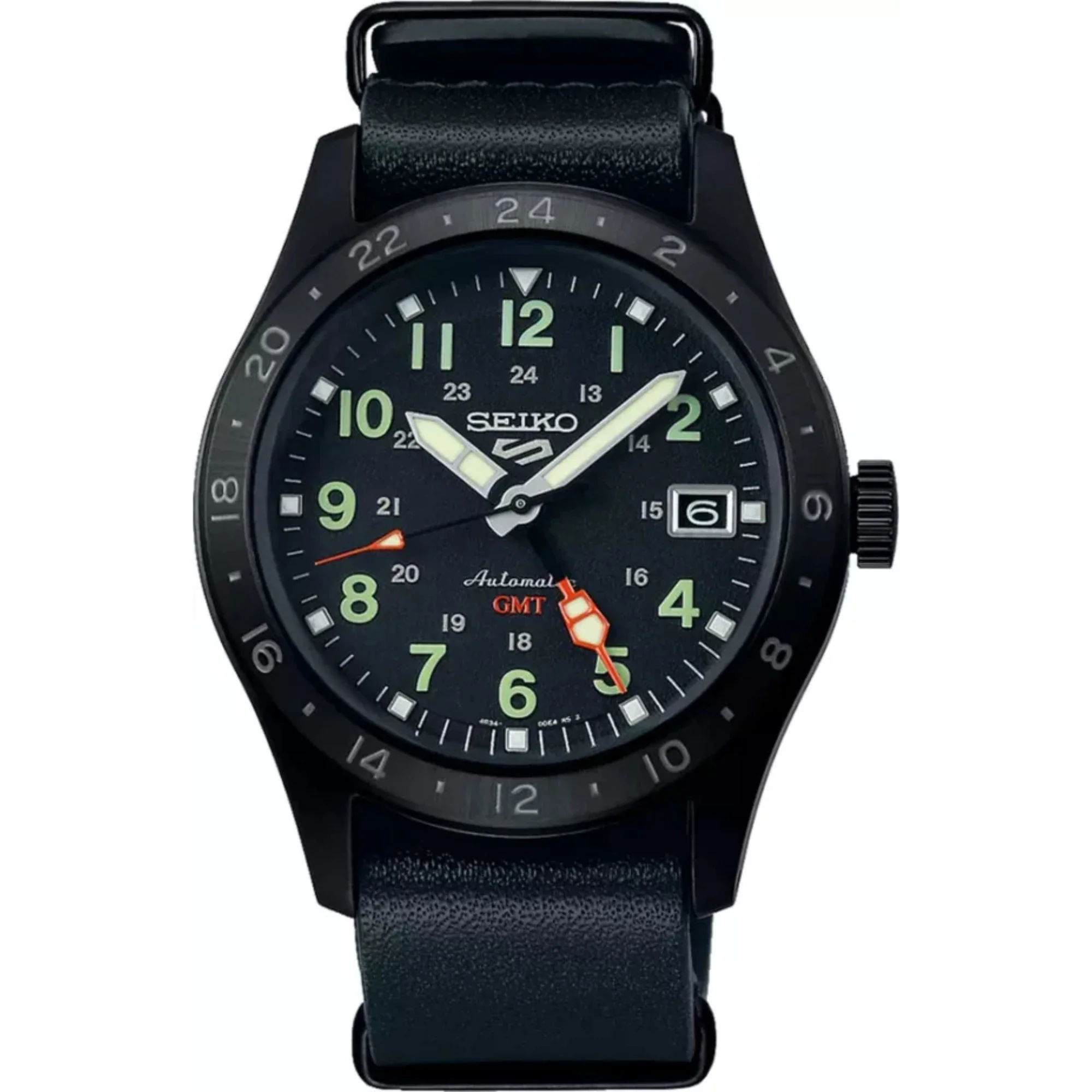 Seiko 5 Sports Field Deception Mechanical GMT Automatic Black Dial Black Leather Strap Bracelet Men's Watch SSK025K1 - Image 6