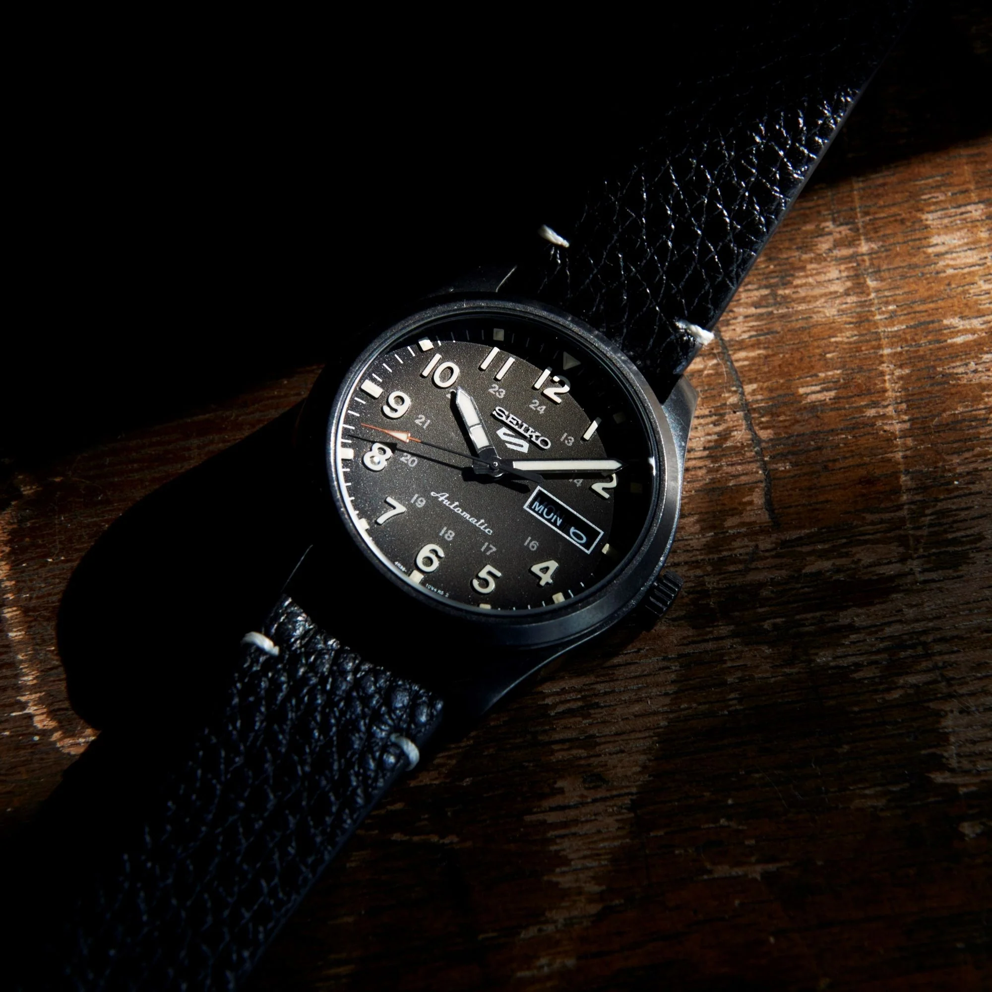 Seiko 5 Sports Field Military Watch Automatic Black Dial Black Leather Strap Men's Watch SRPG41K1 - Image 6