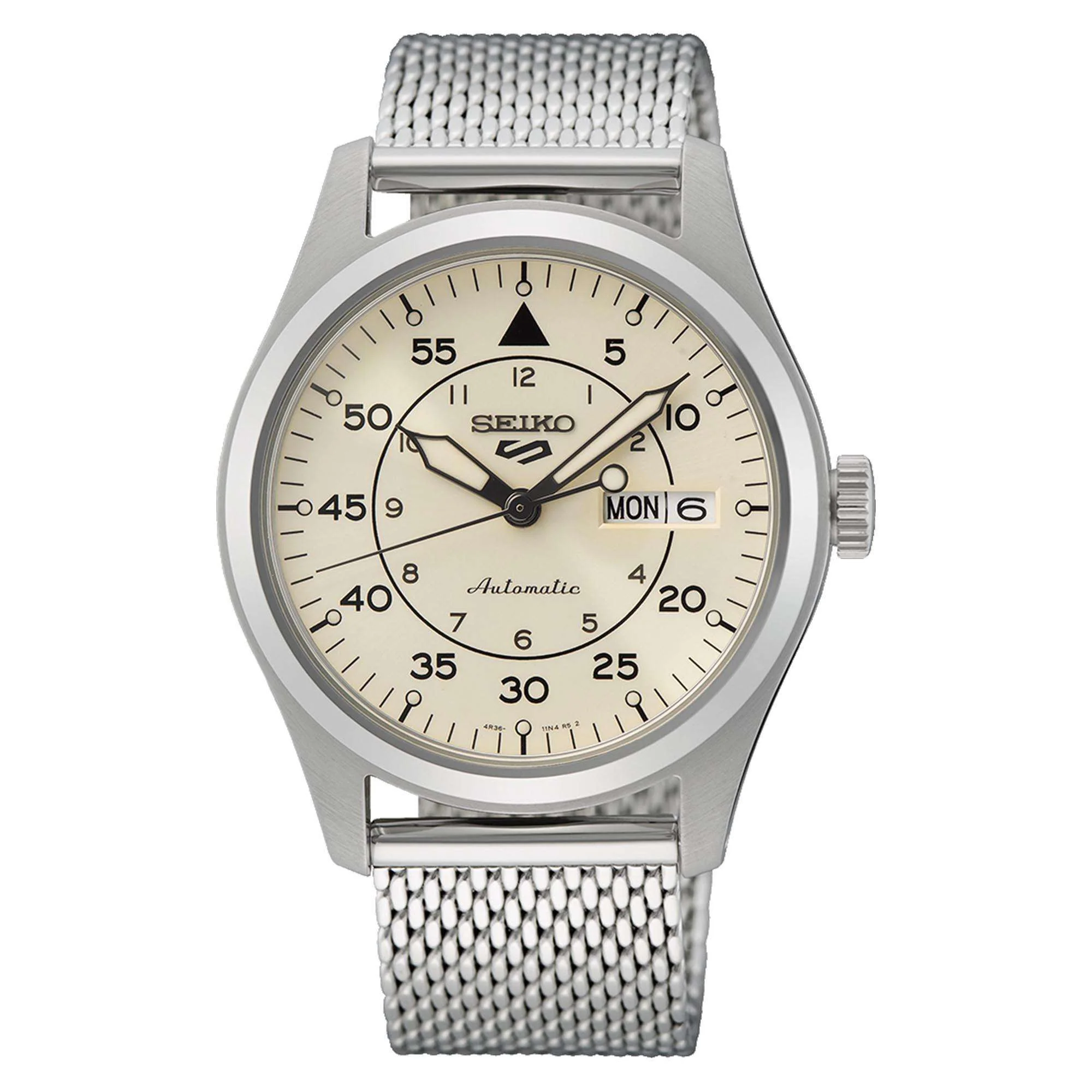 Seiko 5 Sports Flieger Pilot/Aviation Style Watchnation Exclusive Automatic Cream Dial Milanese Bracelet Watch SRPH21K1 - Image 8