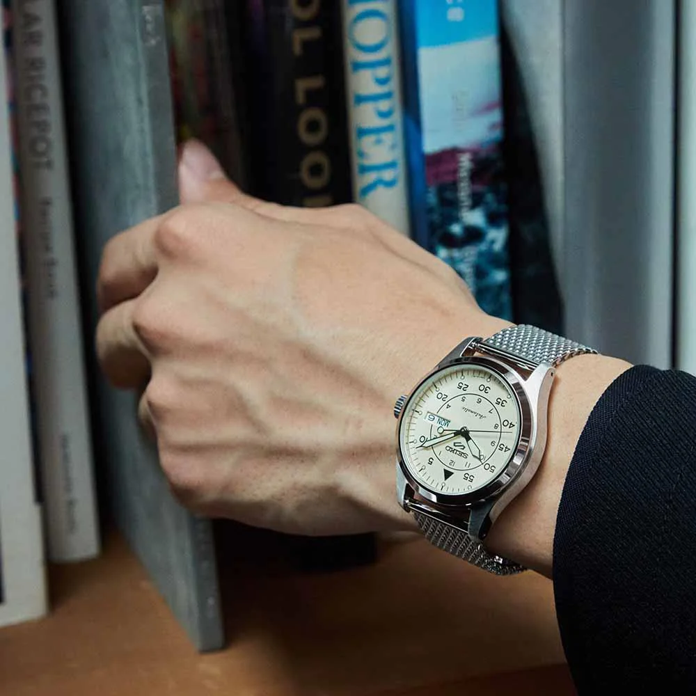 Seiko 5 Sports Flieger Pilot/Aviation Style Watchnation Exclusive Automatic Cream Dial Milanese Bracelet Watch SRPH21K1 - Image 9