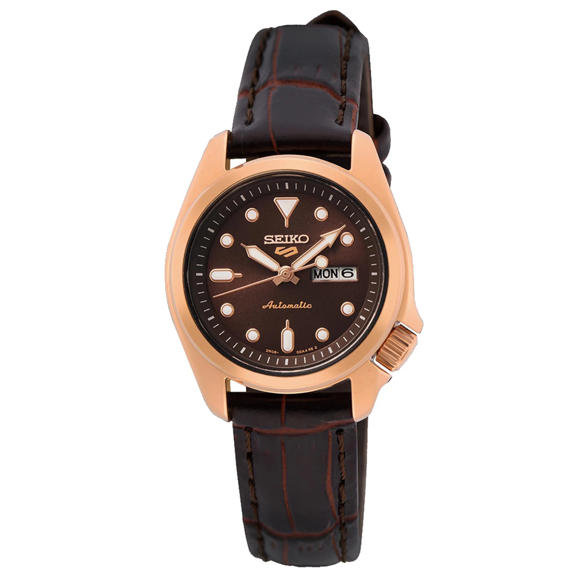 Seiko 5 Sports Compact Automatic Brown Dial Brown Leather Strap Ladies Watch SRE006K1 - Image 3