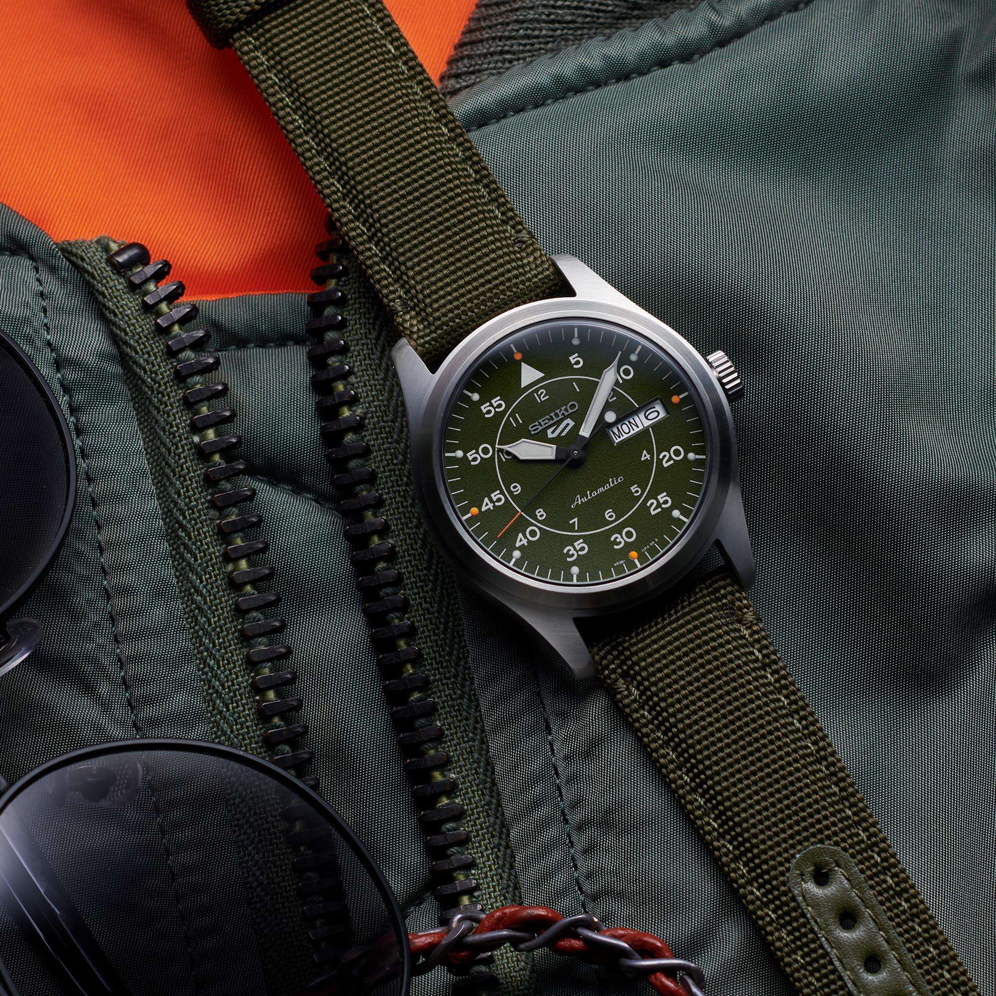Seiko 5 Sports Flieger Pilot/Aviation Automatic Green Dial Green Nylon Strap Men's Watch SRPH29K1 - Image 2