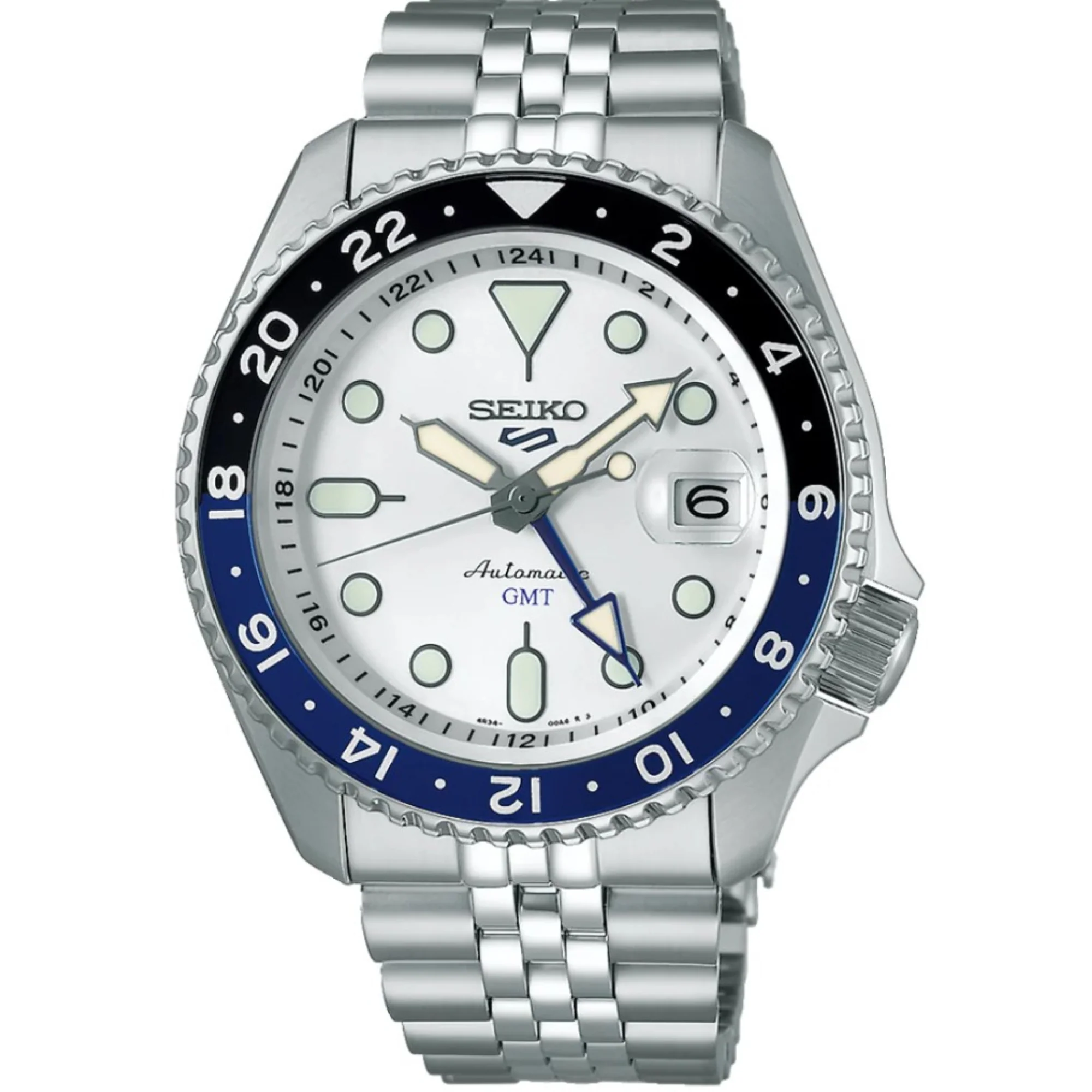 Seiko 5 Sports SKX GMT Sky Blue Silver Cloud Automatic White Dial Steel Bracelet Menās Watch SSK033K1