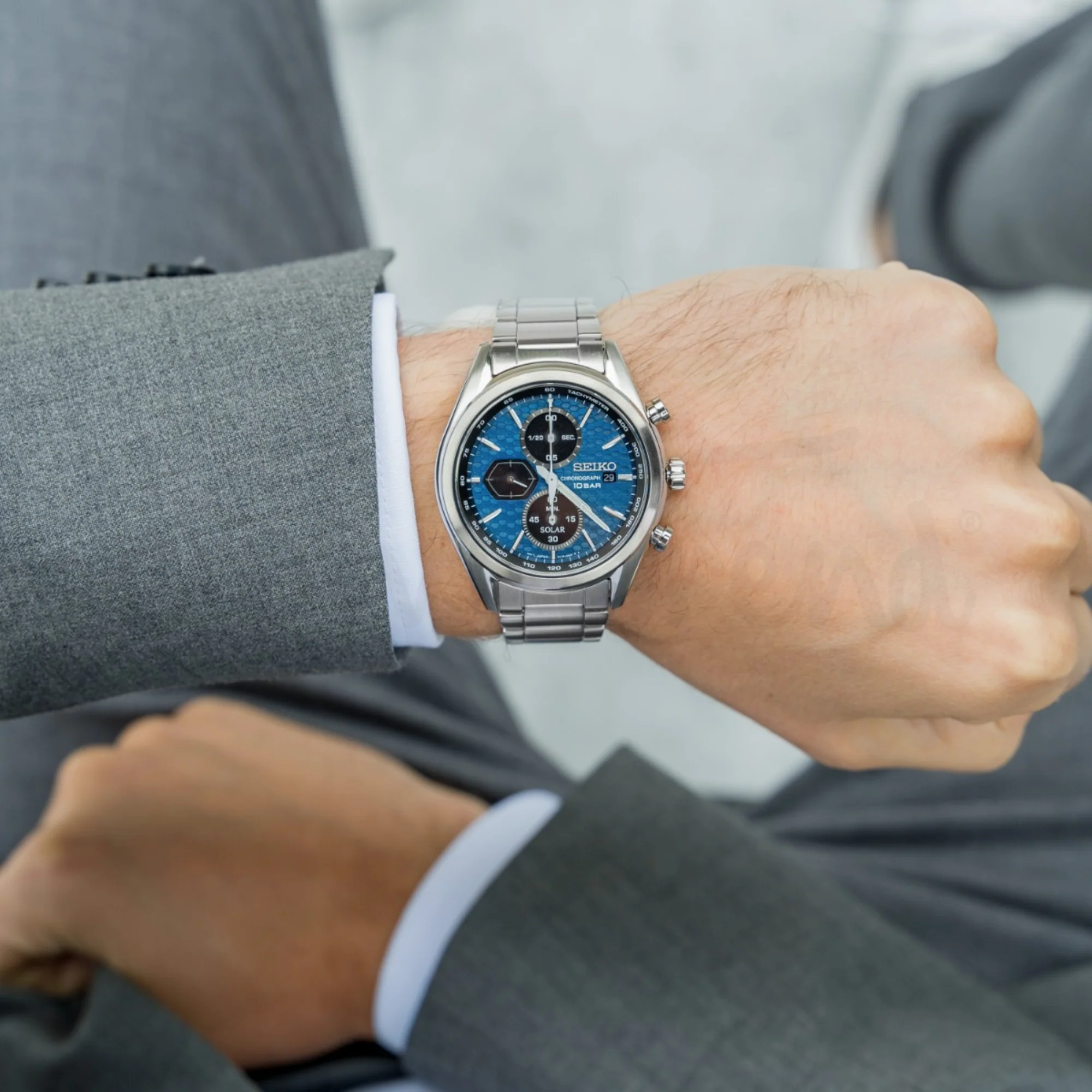 Seiko Conceptual Solar Quartz Blue Chronograph Dial Steel Bracelet Men's Watch SSC801P1 - Image 2