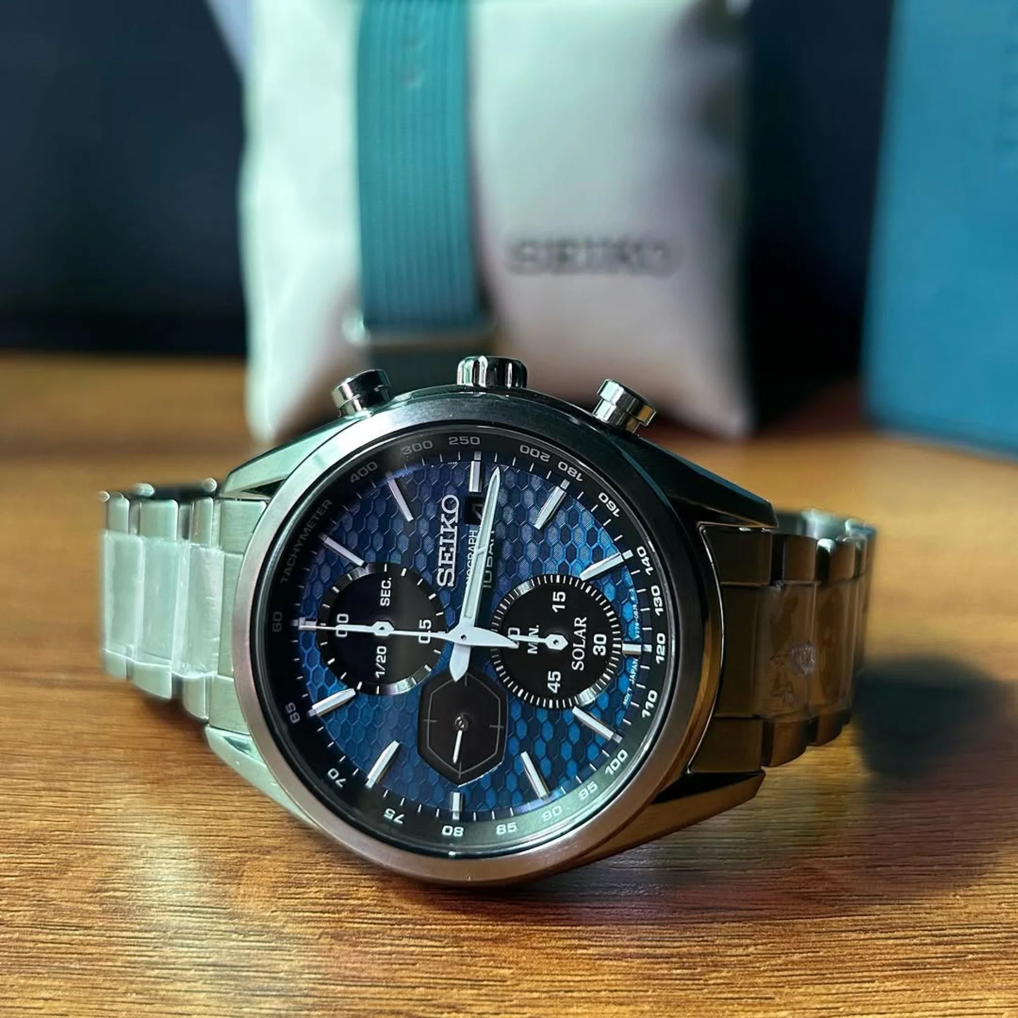 Seiko Conceptual Solar Quartz Blue Chronograph Dial Steel Bracelet Men's Watch SSC801P1 - Image 21