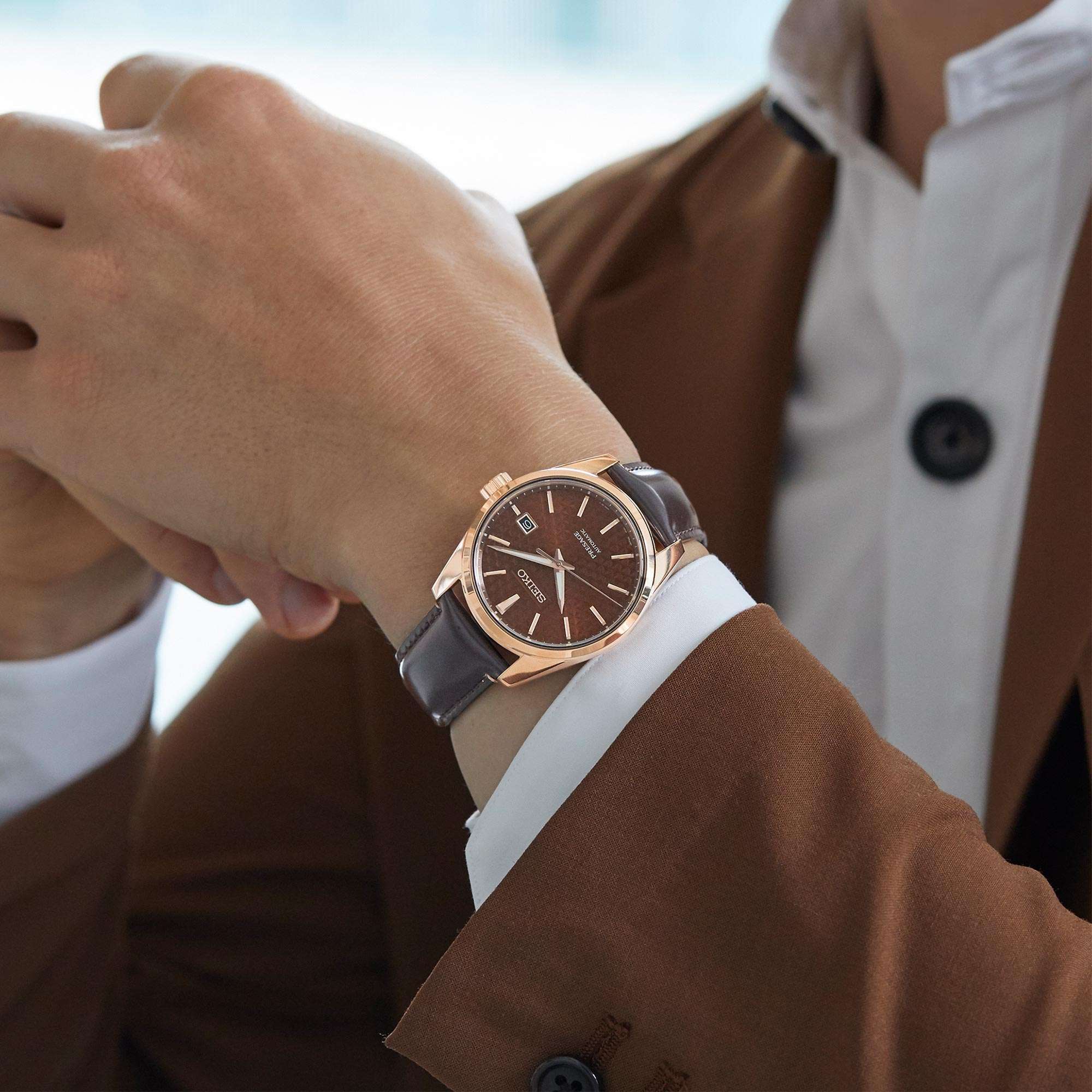 Seiko Presage Sharp Edge Series Brown Dial Rose Gold Leather Strap Automatic Men's Watch SPB170J1 - Image 2