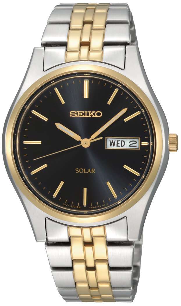 Seiko Solar Stainless Steel Gold Black Dial Men's Watch SNE034P1