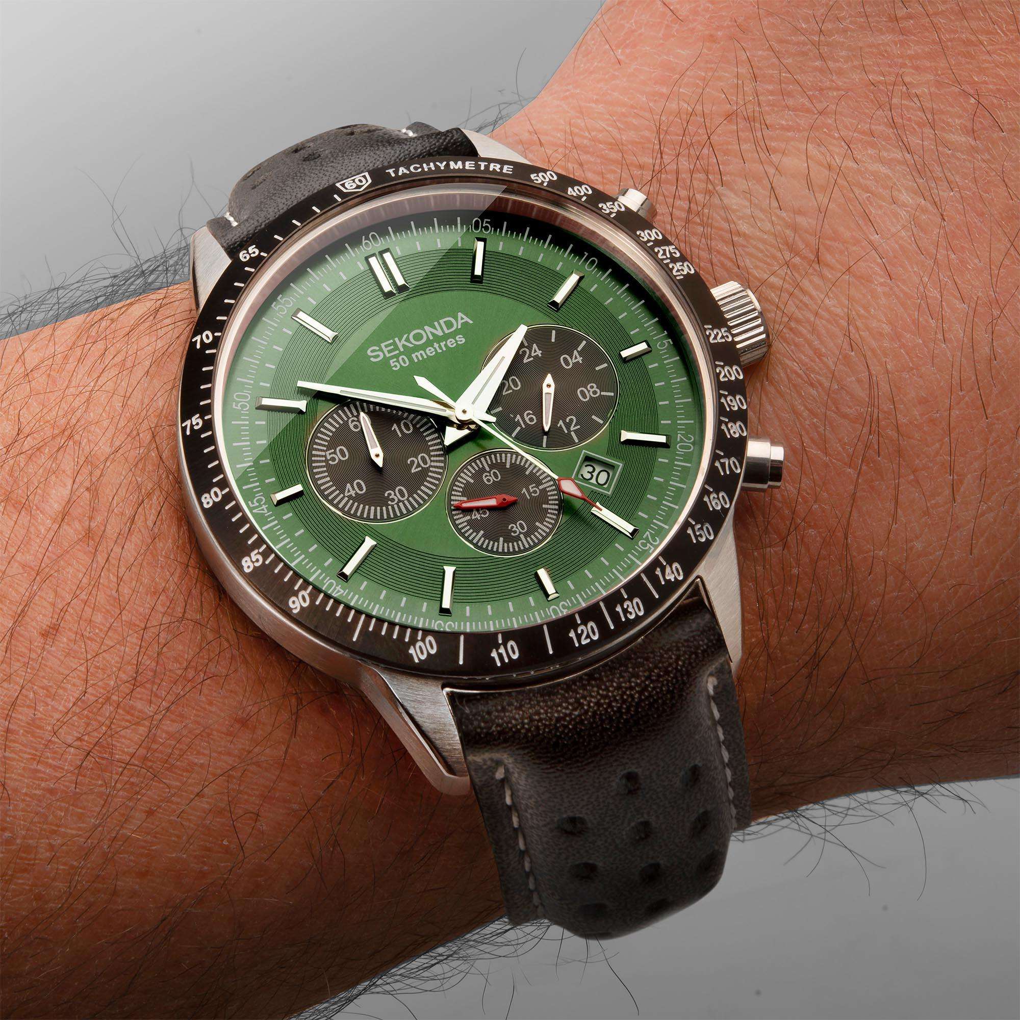 Sekonda Chronograph Quartz Green Dial Black Leather Strap Men's Watch 1937 - Image 7