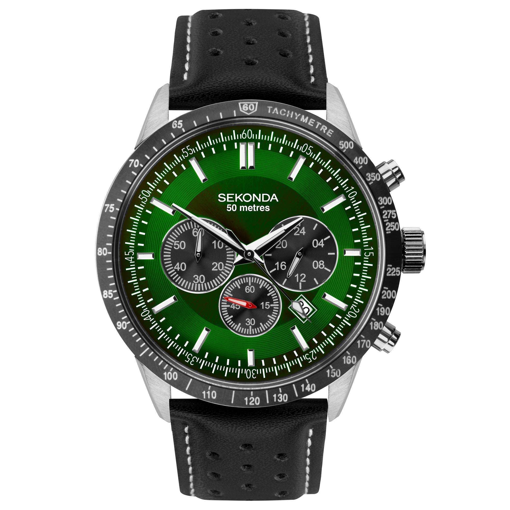 Sekonda Chronograph Quartz Green Dial Black Leather Strap Men's Watch 1937 - Image 8