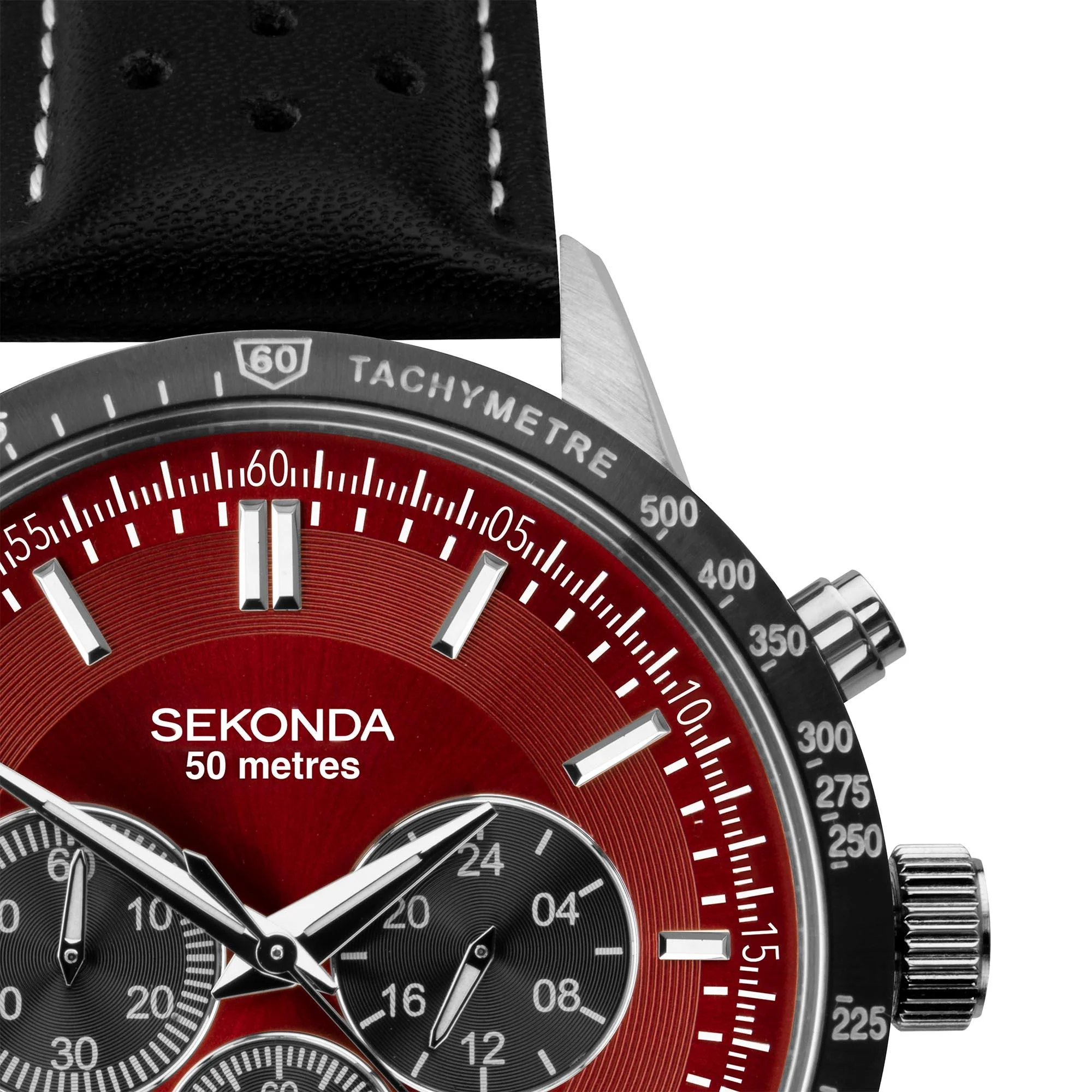 Sekonda Chronograph Quartz Red Dial Black Leather Strap Men's Watch 1938 - Image 10