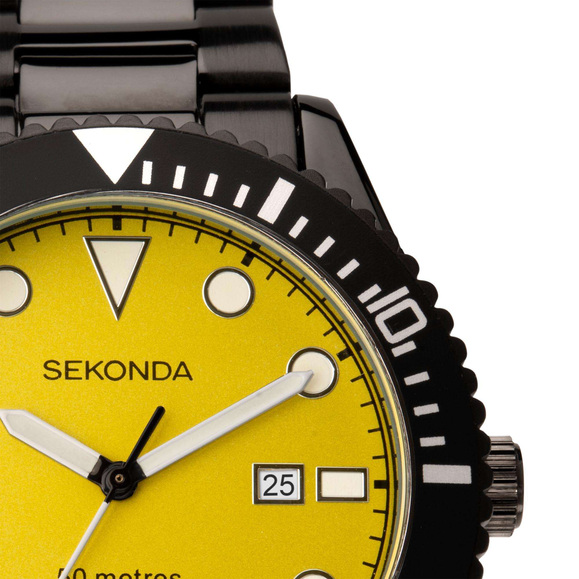Sekonda Sports Dive Style Yellow Dial Black IP Steel Bracelet Men's Watch 1978 - Image 5